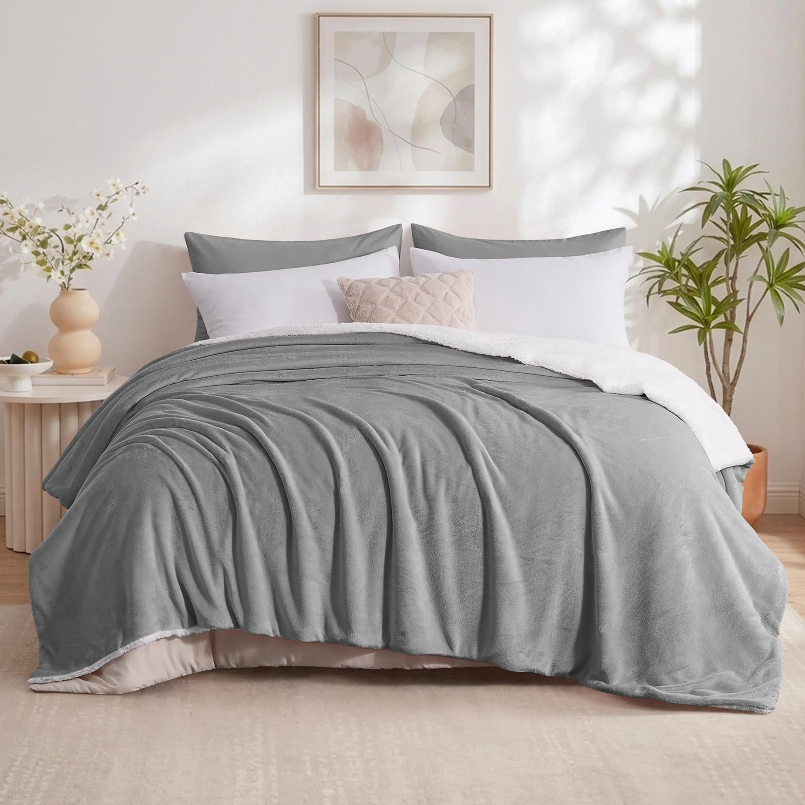 Aisbo Sherpa Fleece Throw Blanket King Size - Thick Warm Soft Grey Extra Large Blankets for Bed, 200x240cm Fluffy Microfiber Solid Blanket for Sofas Couch, Gray — image 1