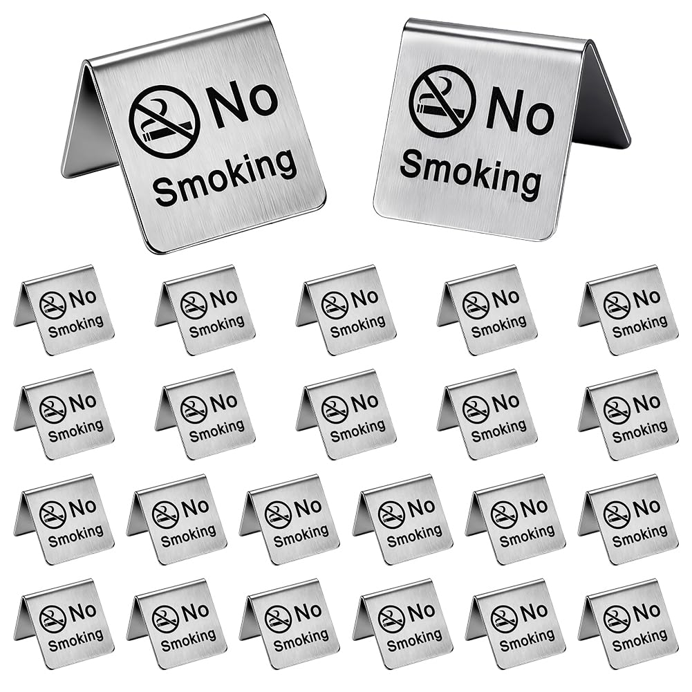 GOMAKERER 24 Pcs No Smoking Table Signs, 1.97 x 2.17 Inch Stainless Steel Stackable Double Side No Smoking Table Tent Signs for Restaurant Office Hotel Hospitals Clubs Room Business
