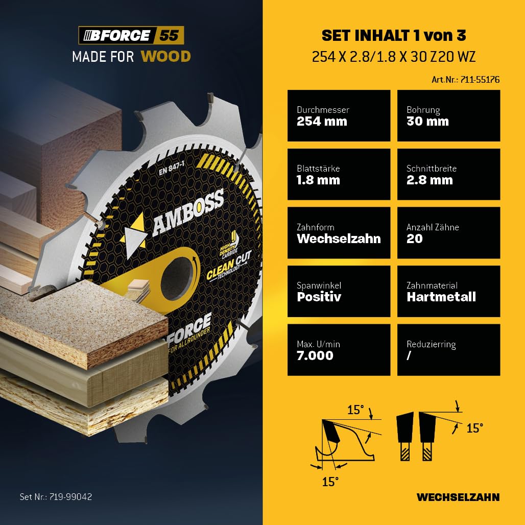 Ø254 x 30 Tisch- Kreissägeblatt Set passend für Bosch GTS 10, PTS 10, PTS 100 T, Festool TKS80, Scheppach HS105, Metabo TK250, TS254 - AMBOSS WERKZEUGE® 254x30 Sägeblatt Sortiment