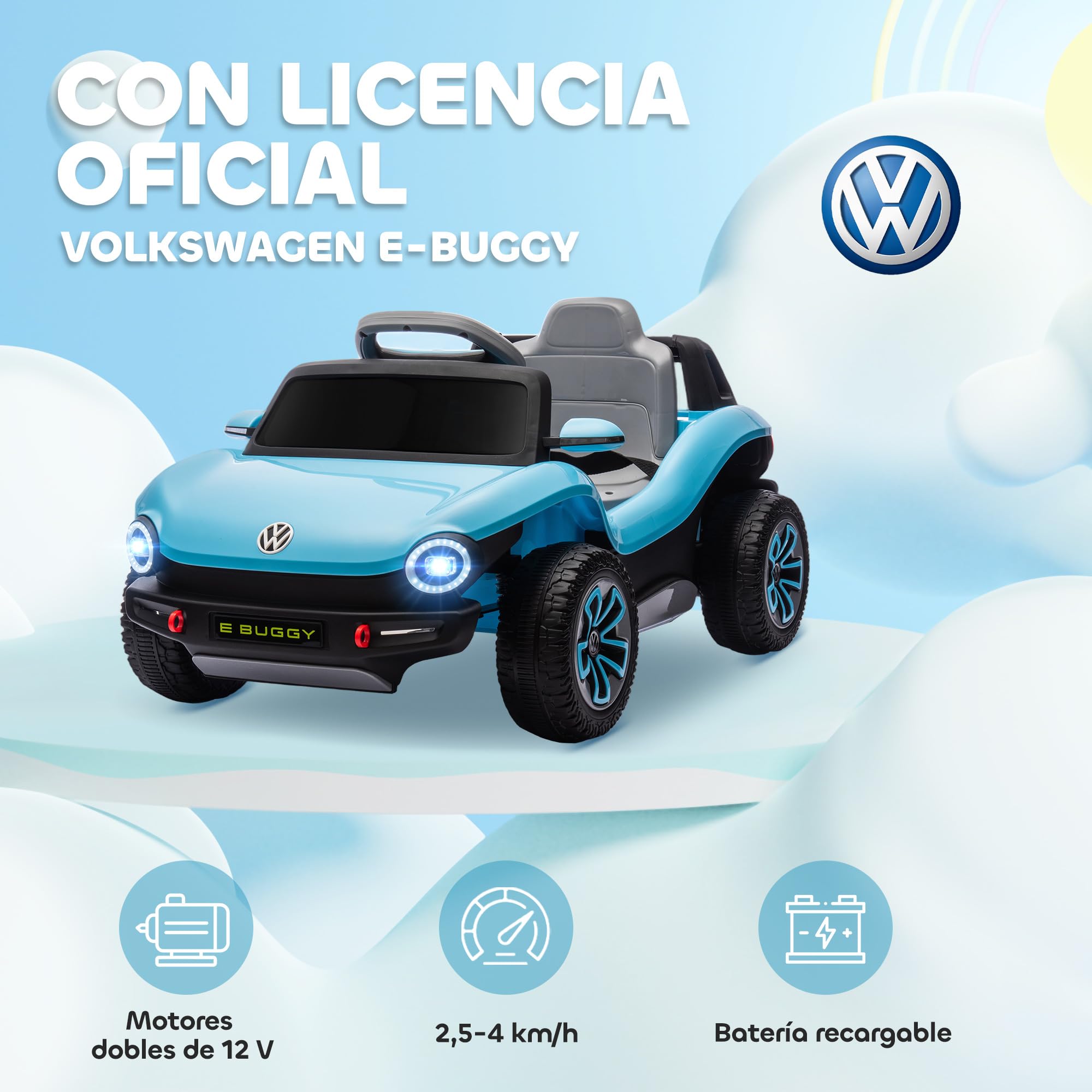 AIYAPLAY Coche Eléctrico para Niños de +3 Años, Volkswagen E-Buggy, Coche de Batería 12V, con Mando a Distancia 2,4 G, Ruedas con Suspensión, Faros LED, Música, USB, Motor Doble, Azul