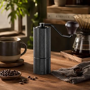 Manual Coffee Grinder with CNC Stainless Steel Conical Burr, All-Aluminum Body, Solid Wooden Handle,Portable Adjustable Hand Grinder for Espresso, Pour Over & French Press
