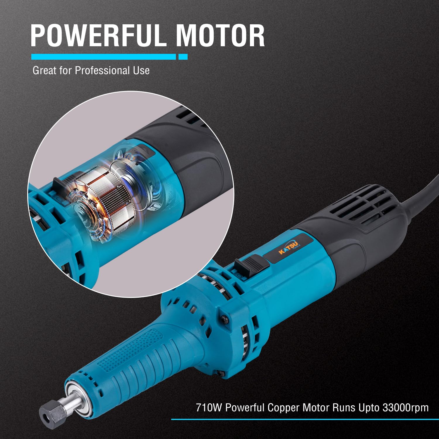 KATSU Tools Meuleuse droite électrique 710 W, mandrin à écrou de blocage de 6 mm, poignée cylindrique compacte, outil rotatif pour le meulage et le polissage de la construction