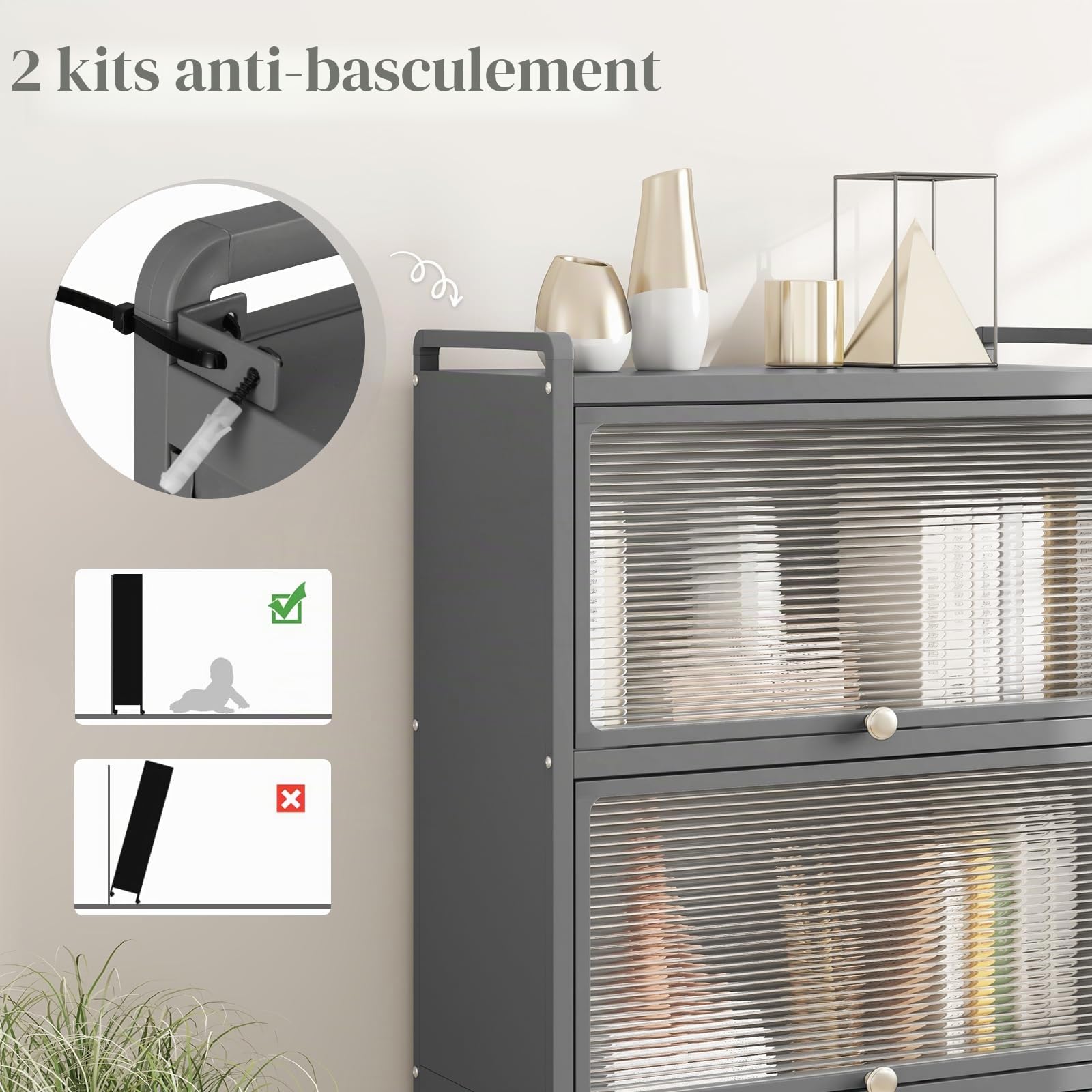 GIANTEX Armoire Cuisine 5 Niveaux avec Portes Rabattables, Meuble Cuisine Rangement à roulettes Universelles, Cadre en Métal, Étagere Cuisine pour Salon, Kit Anti-basculement, 60 x 32 x 154 cm(Gris)