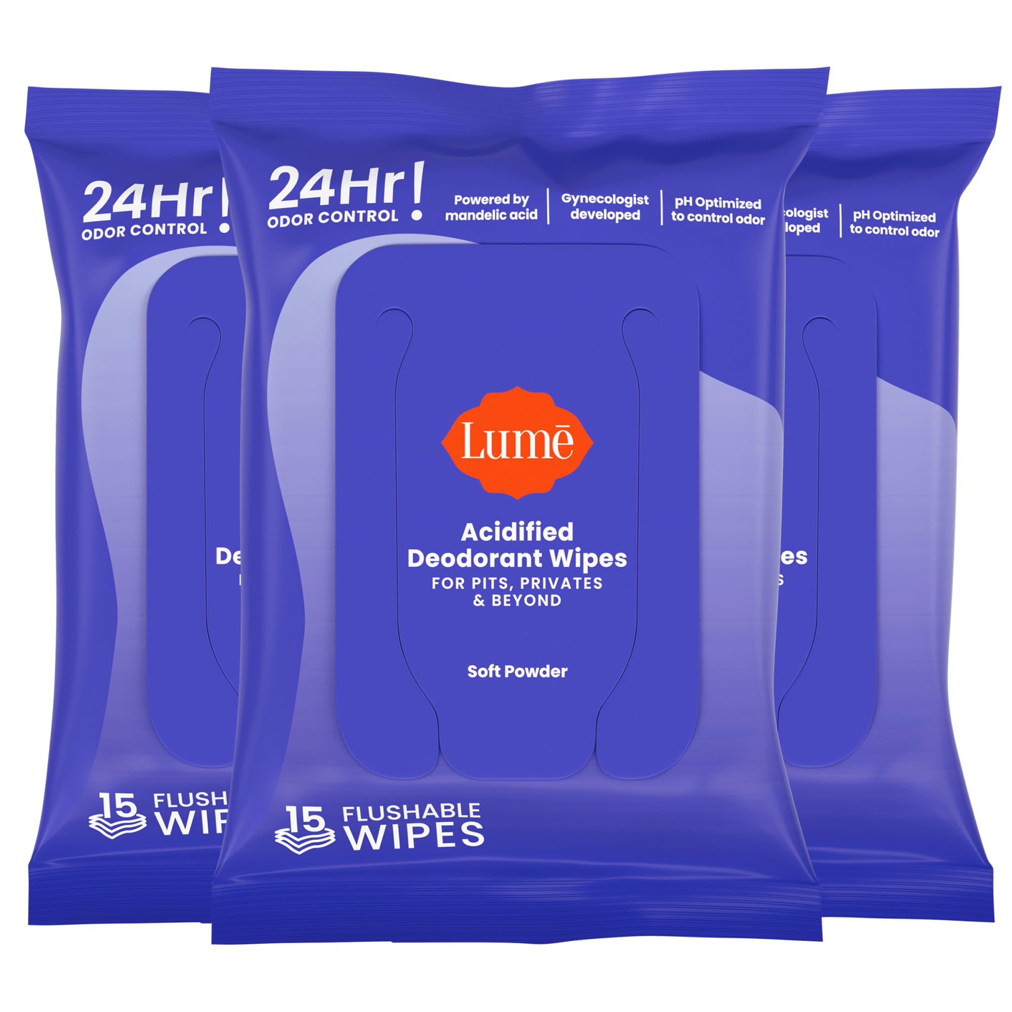 Lume Acidified Deodorant Wipes - 24 Hour Odor Control - Whole Body Deodorant Wipes - Aluminum Free, Baking Soda Free, Skin Loving - Flushable - 15 Count - 3 Pack (Soft Powder) Soft Powder 15 Count (Pack of 3)