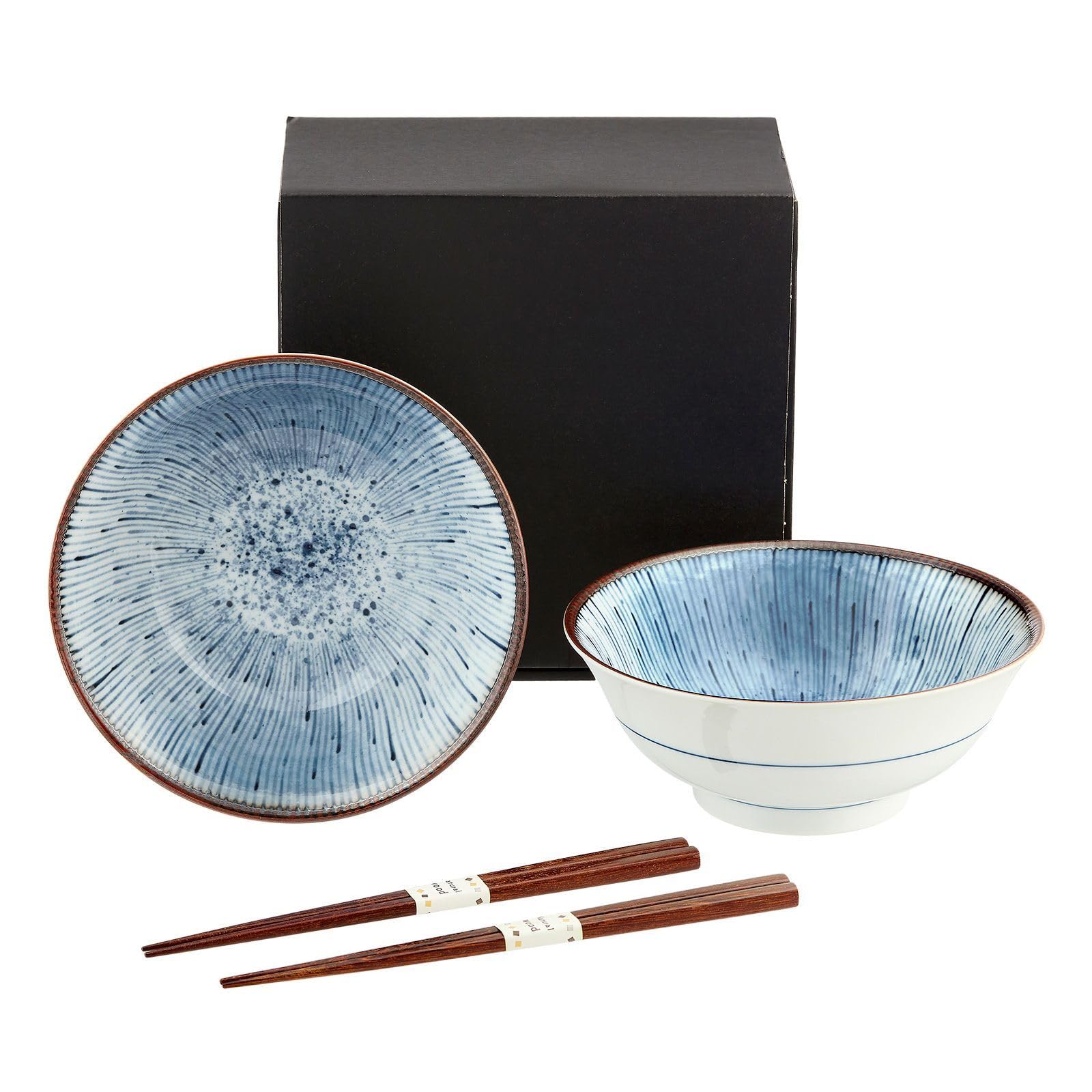 Ramen Suppenschüssel Set HANABI Geschenkset Porzellan Suppenschalen auch für Udon und Soba inkl. Essstäbchen weiß blau hergestellt in Japan Ø 18,8 cm, H 7,7 cm