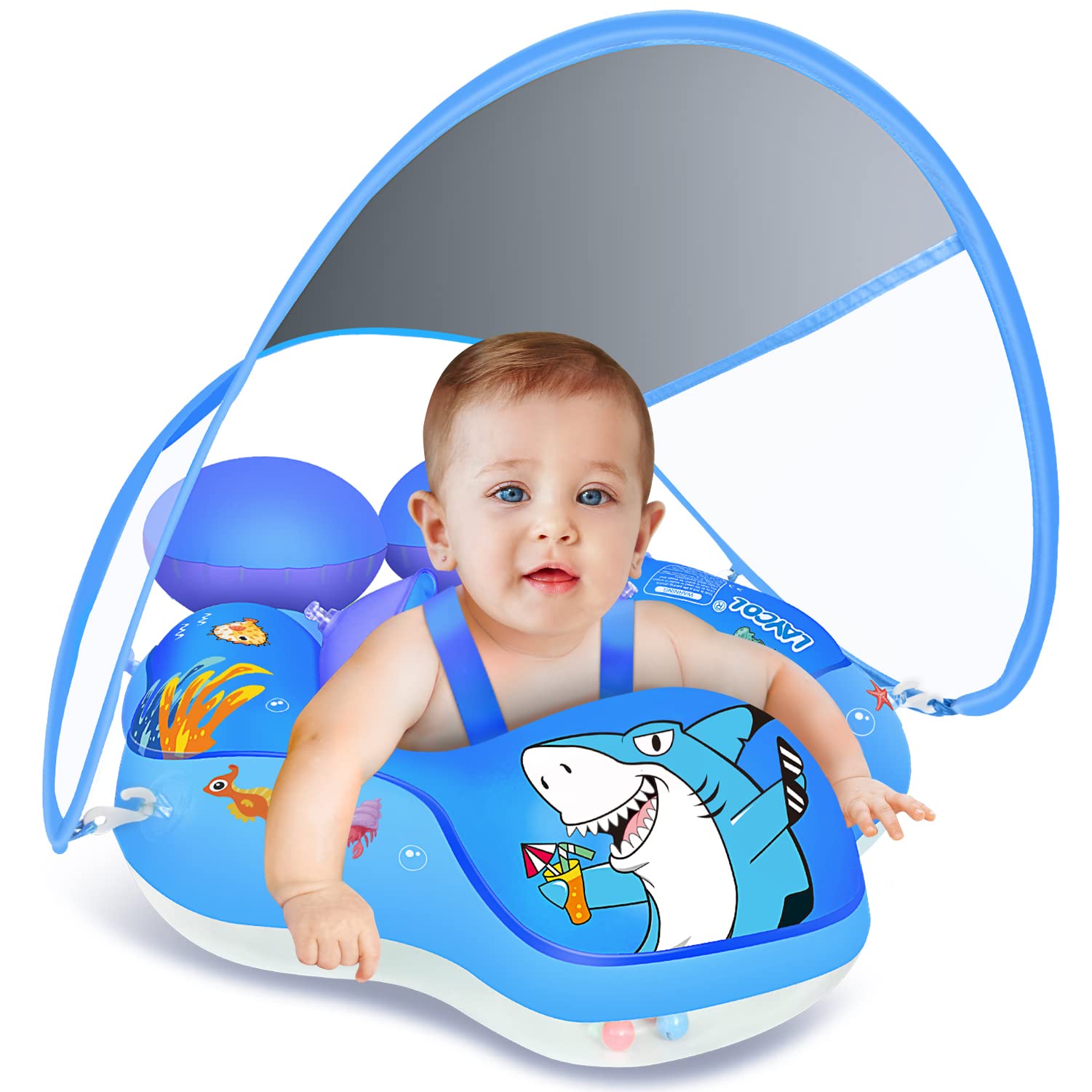 LAYCOLBaby Pool Float with UPF50+ Sun Protection Canopy,Add Tail Never Flip Over Inflatable Baby Float,Toddler for Age of 3-36 Months
