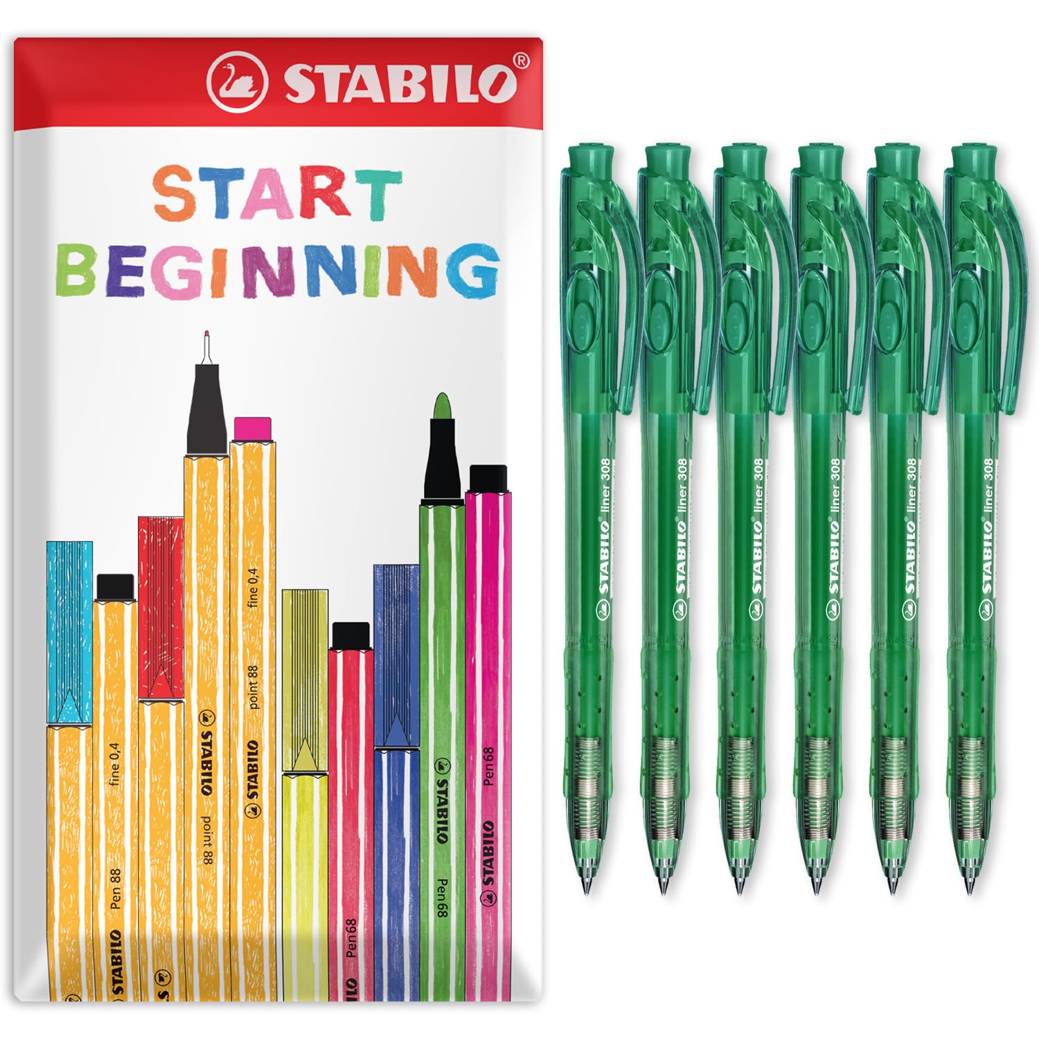STABILO liner 308 - Retractable Ballpoint Pen - Fine 0.7mm Nib Pens - Envelope Gift Pack of 6 (Green)