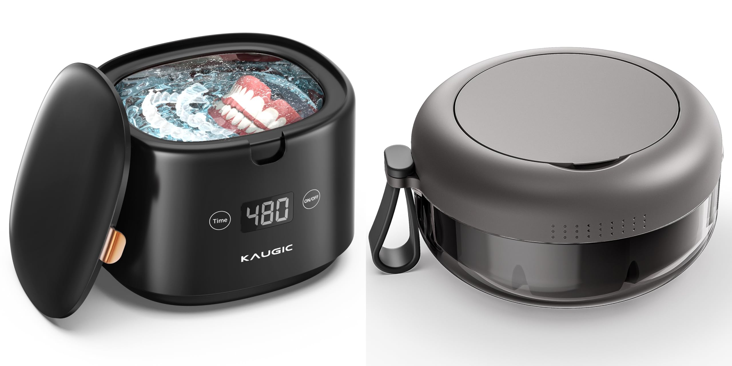 KAUGIC Ultrasonic Retainer Cleaner with Leak Proof Denture Bath Case