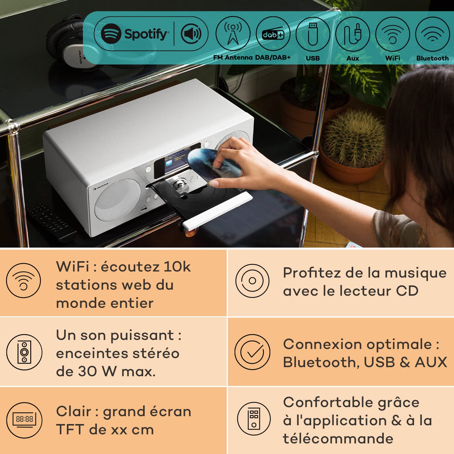 Auna Radio Portable CD, Chaine HiFi, Poste Radio Numérique Dab/Dab+/FM et Streaming, Radio Portables Stéréo LED, Écran TFT, Radio FM, MP3, AUX, Alarme de Réveil, Fixation au Mur, Alimentée au Secteur