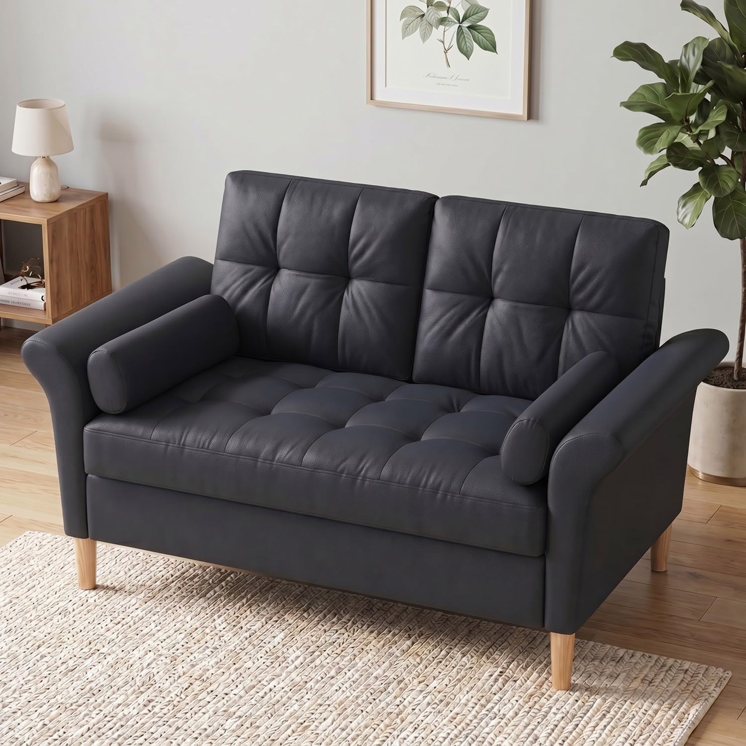 Black Faux Leather Sofa 2 Seater, Modern Compact Loveseat Couch with Cushions & High Wooden Legs, Small Space Sofa for Apartment Living Room Bedroom Office
