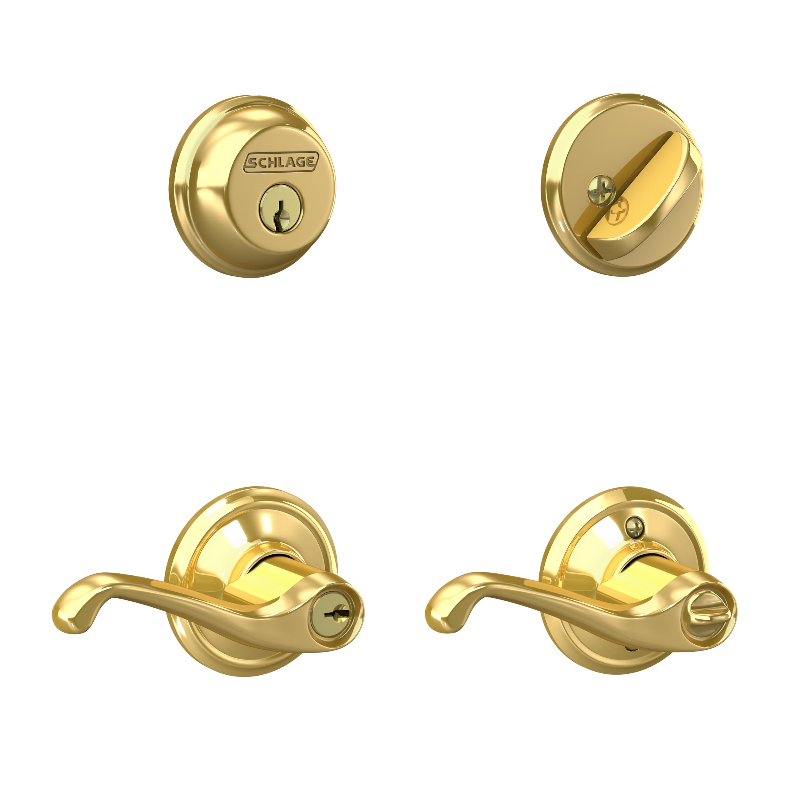 Schlage FB50N V FLA 505 B60 Einzelzylinder-Riegel und F51 Schlüssel-Eingang, Flair-Hebel gleichschließend, helles Messing-Finish