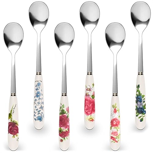 Juego de 6 cucharas de café – Cucharas pequeñas de 6.1 pulgadas con diseño floral impreso, asas de cerámica, acero inoxidable duradero para un uso
