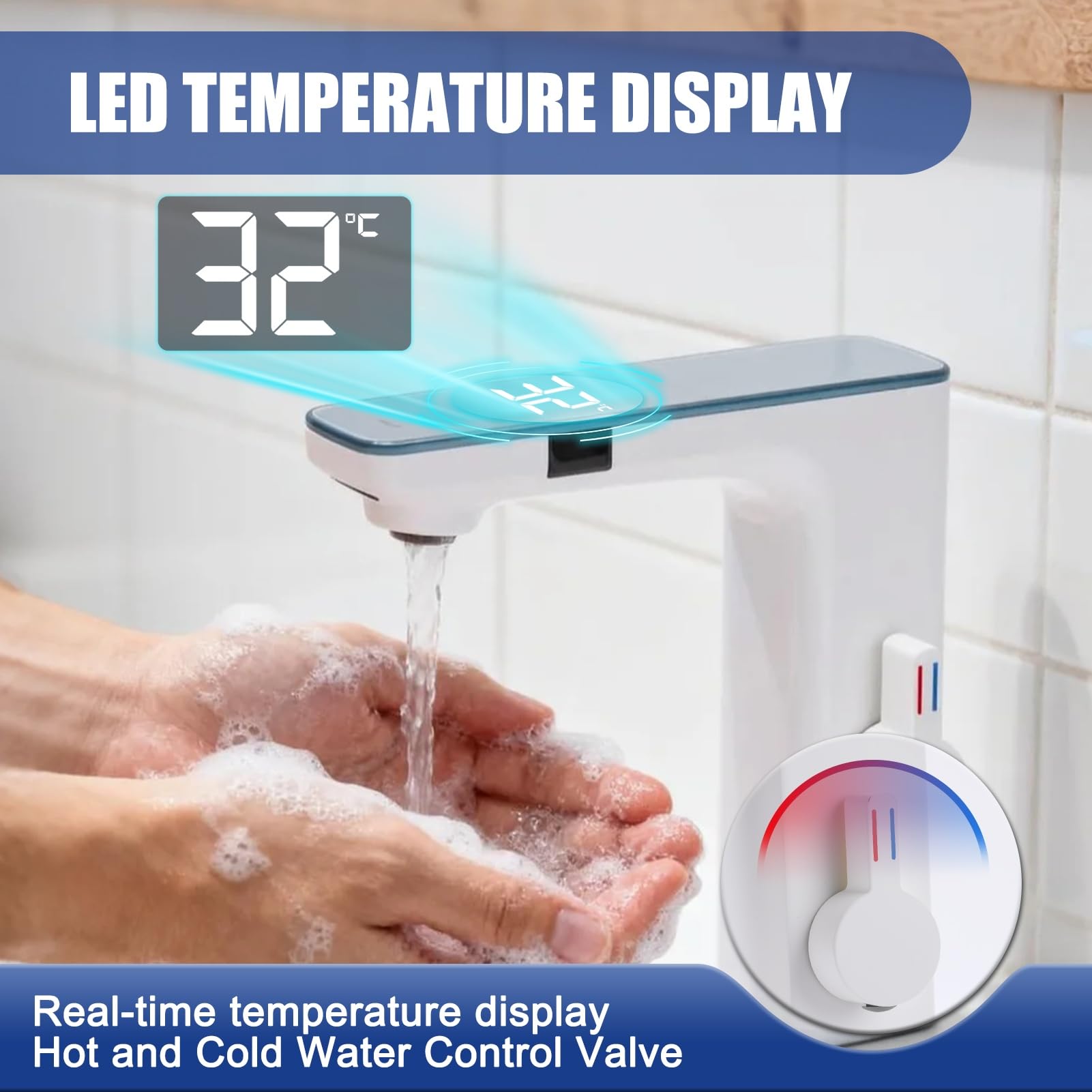 Gugxiom Rubinetto per Bagno Senza Contatto, Rubinetto Automatico con Sensore, Display Digitale, Miscelatore Acqua Calda e Fredda, Cartuccia in Ceramica, Rubinetto per Bagni, Cucine, Gabinetti (Bianco)