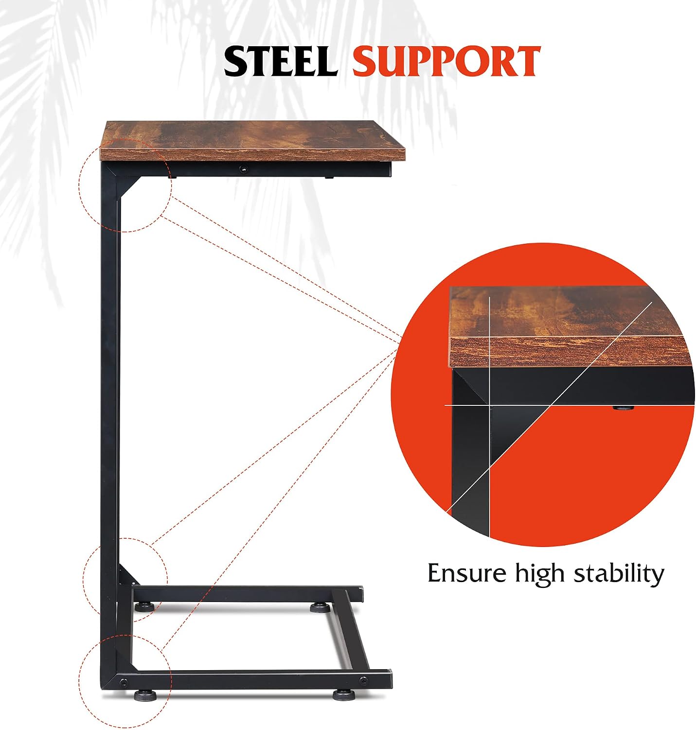 WLIVE Wide Snack Side Table, C Shaped End Table for Sofa Couch and Bed, Laptop Table, Work from Home, 26 Inch Tall,Retro Brown