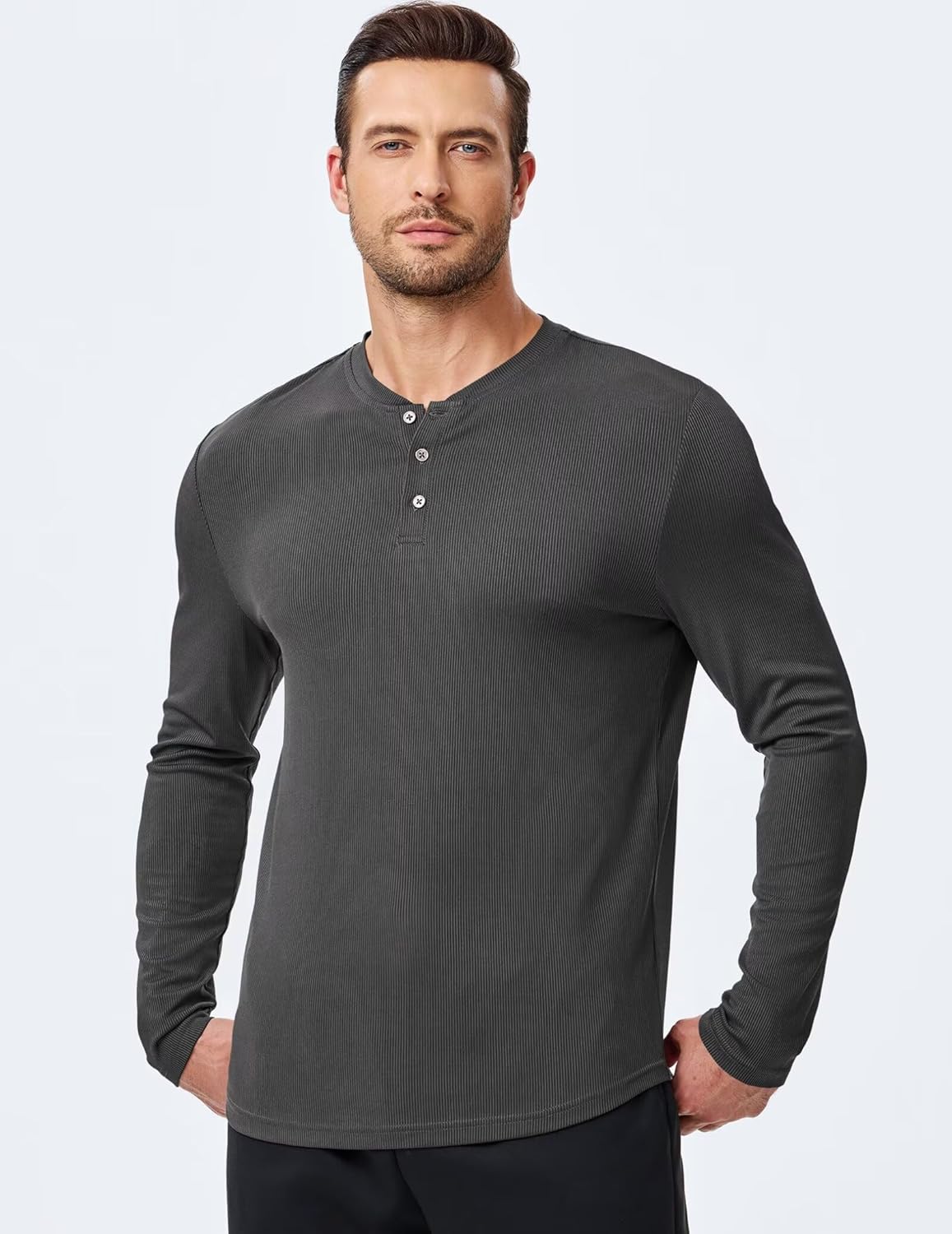 Men's Henley Shirt Fall Crewneck Solid Color Slim Fit Long Sleeve T Shirts Button Up Tees - Image 5