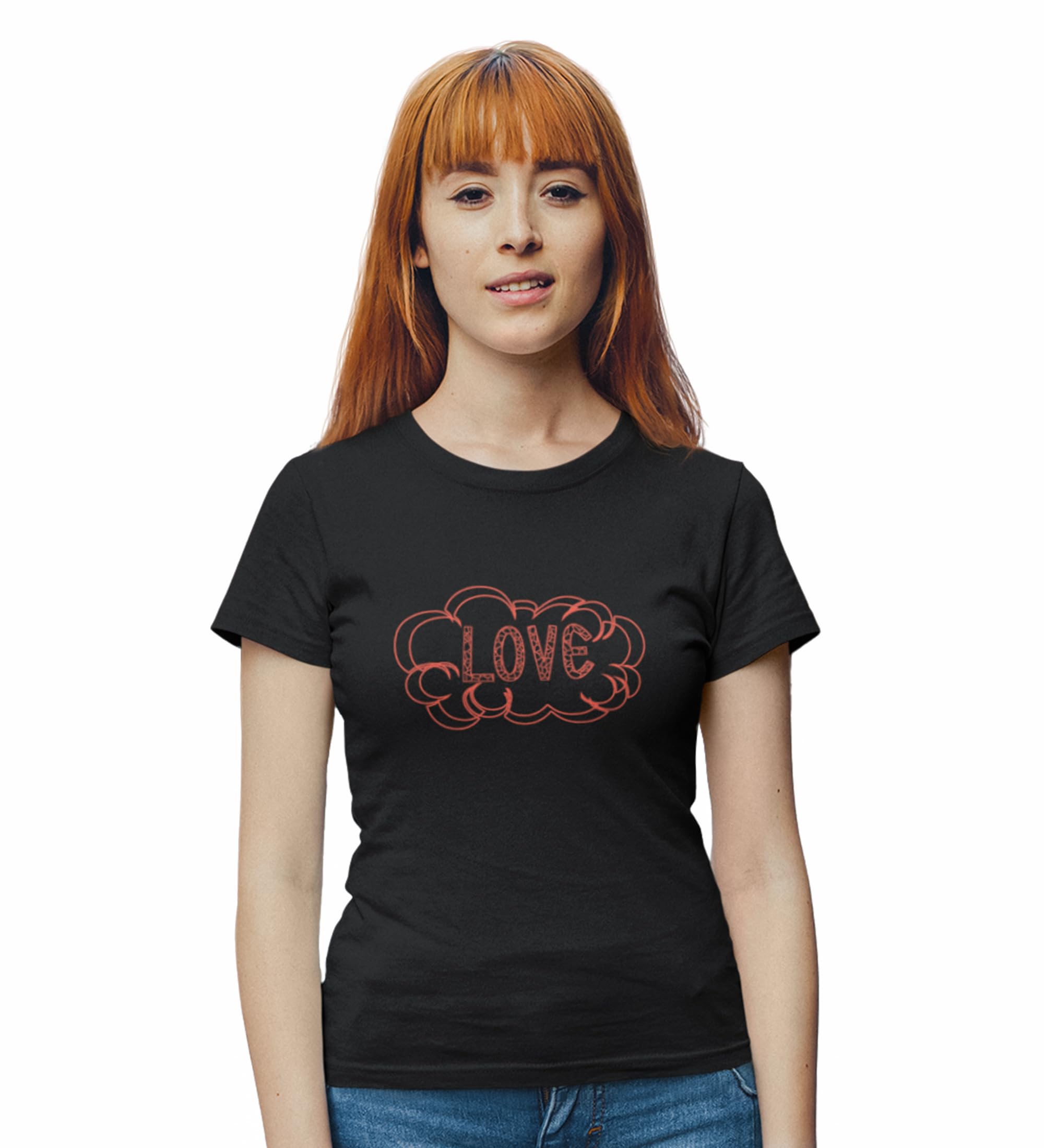 RUSHAAN Cloud of Love Black Round Neck Cotton Half Sleeved Women's T-Shirt with Printed Graphics