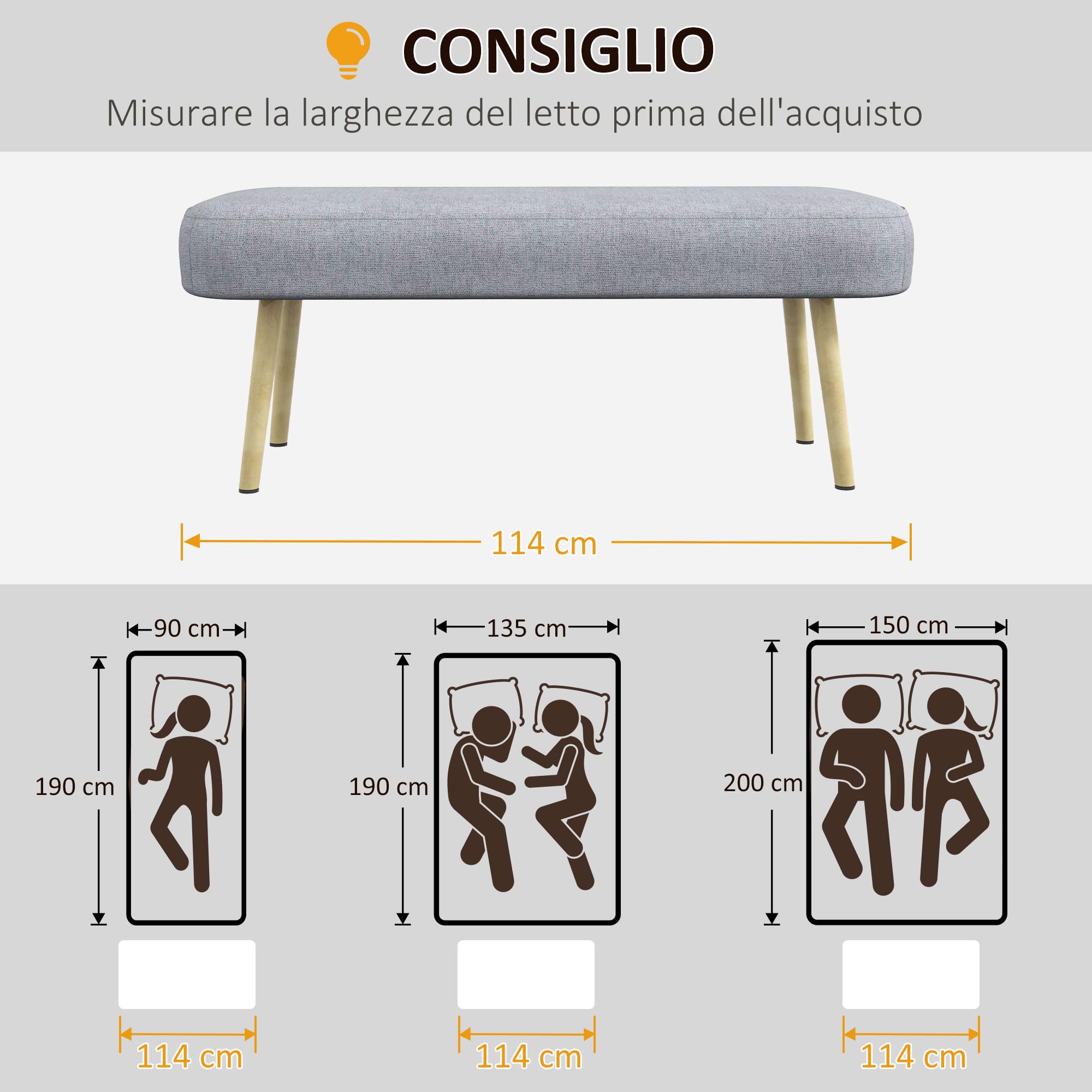 HOMCOM Panca Imbottita Fondo Letto in Tessuto con Gambe in Acciaio Effetto Legno, Panca per Ingresso, Salotto e Camera, 114x38x45cm, Grigio