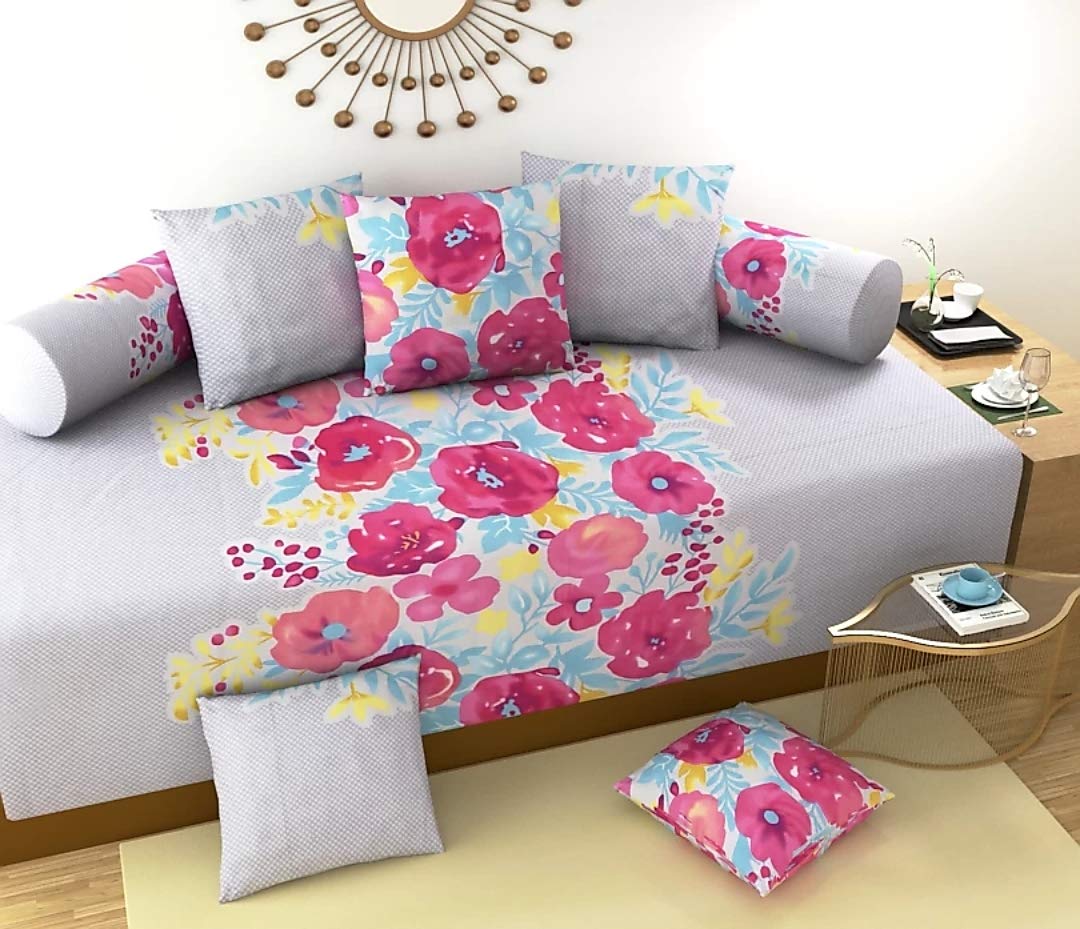 Diwan Set of 8Pc. (1 Bedsheet 2 Bolster Covers & 5Cushion Covers) 23 Patterns (W2)-image-38