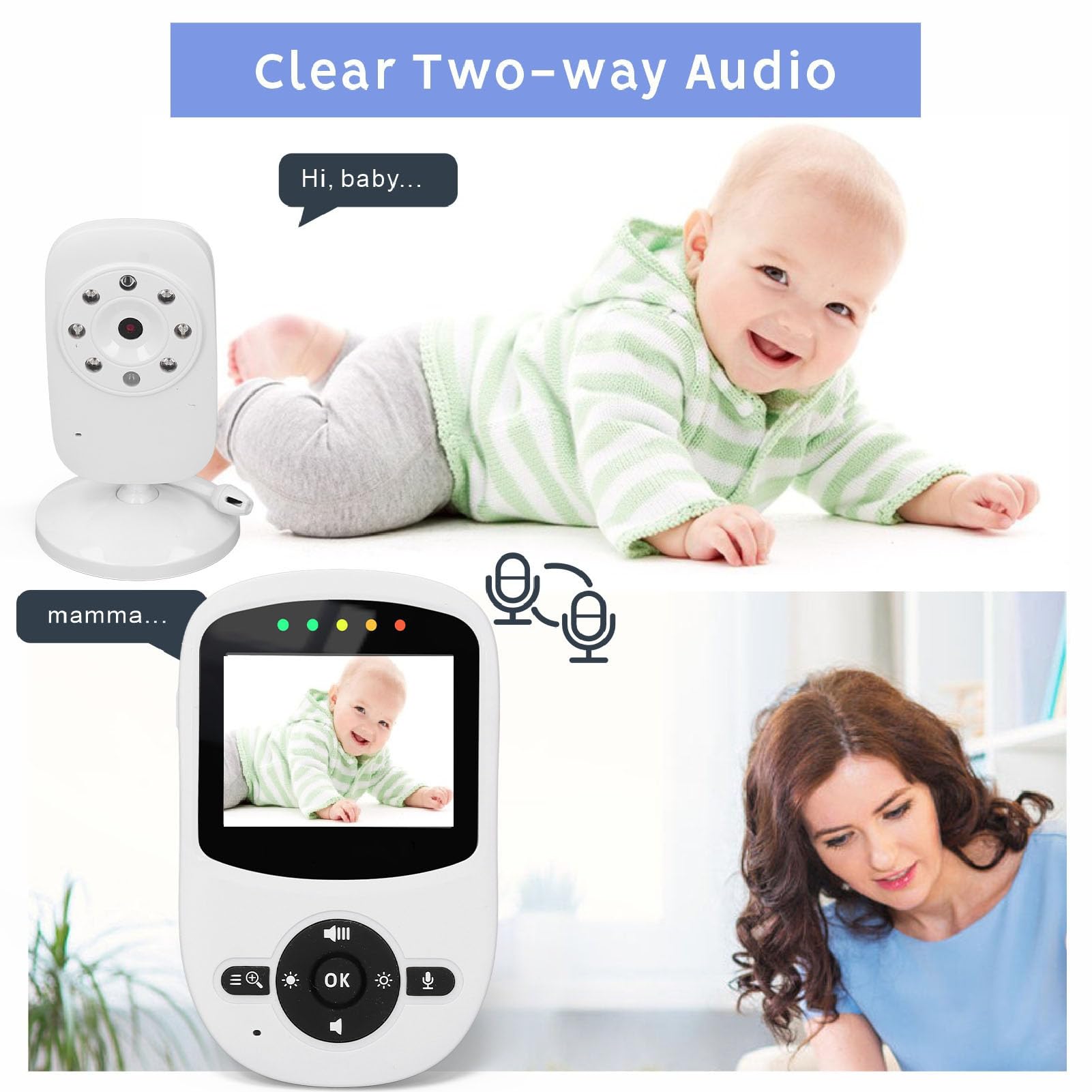 Fyearfly Caméra de Soins pour bébé + Kit Vidéo, Caméra D'affichage à Distance pour Enfants et Audio Écran Couleur 2,4 Pouces 2,4 GHz FHSS Vision Nocturne Détection de Mouvement Capteur de