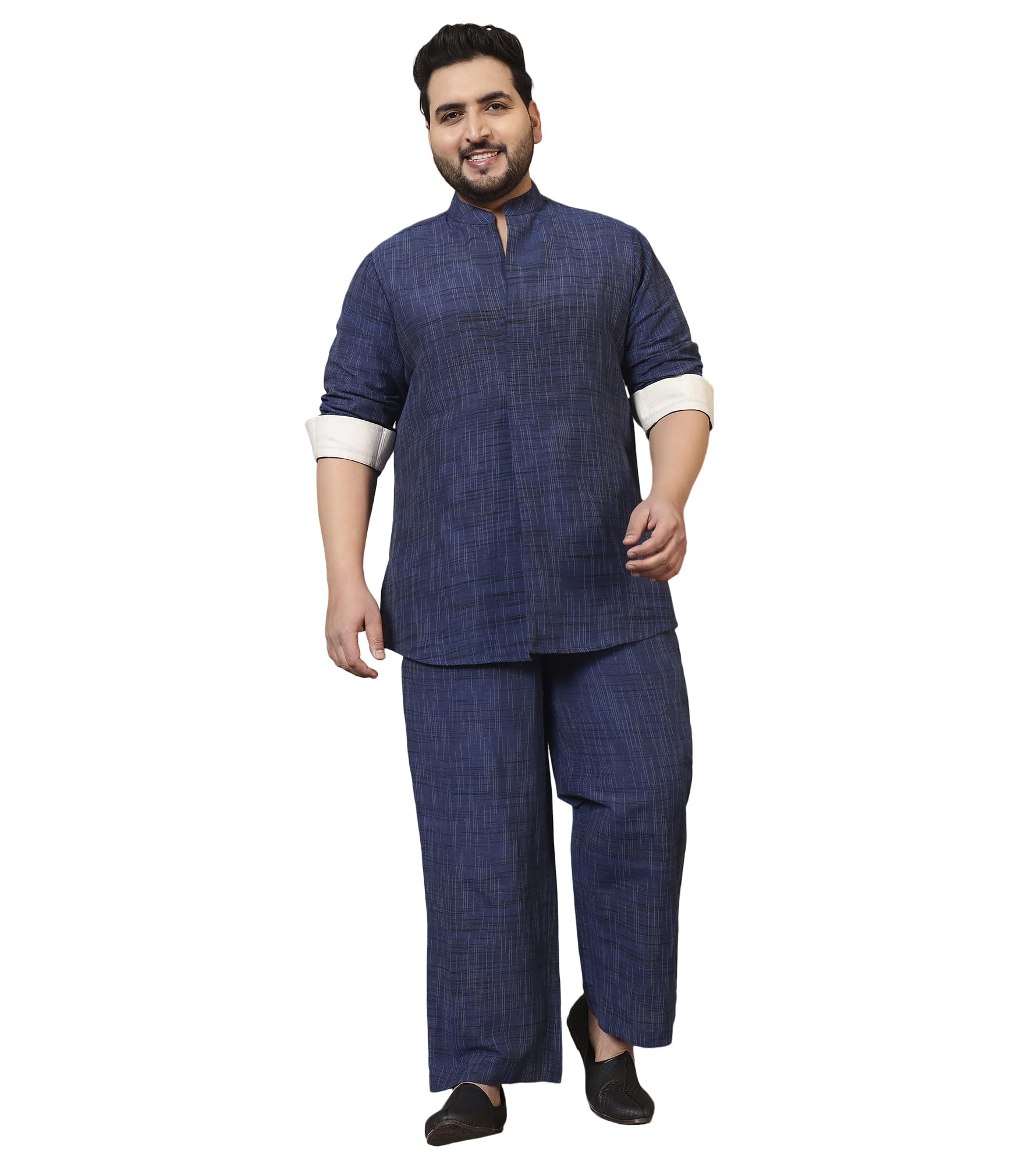 amanush Men's Plus Size Solid Cotton Kurta With Ankle Length Pant Cord Set|Mens Kurta Pajama Set|Mandarin Collar|Cuffed Sleeve|Co ords for Men Fashion|Western Party Casual Wear|Two Piece(Teal Blue)-picture-31
