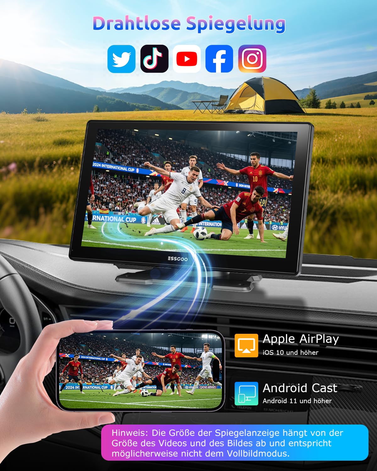 ESSGOO Carplay Android Auto Display mit Rückfahrkamera,9 Zoll Carplay Bildschirm für Apple/Android Auto/AirPlay/Mirror Link,Wireless Touchscreen GPS Navigation,mit Bluetooth5.3,AUX,FM,Sprachassistent