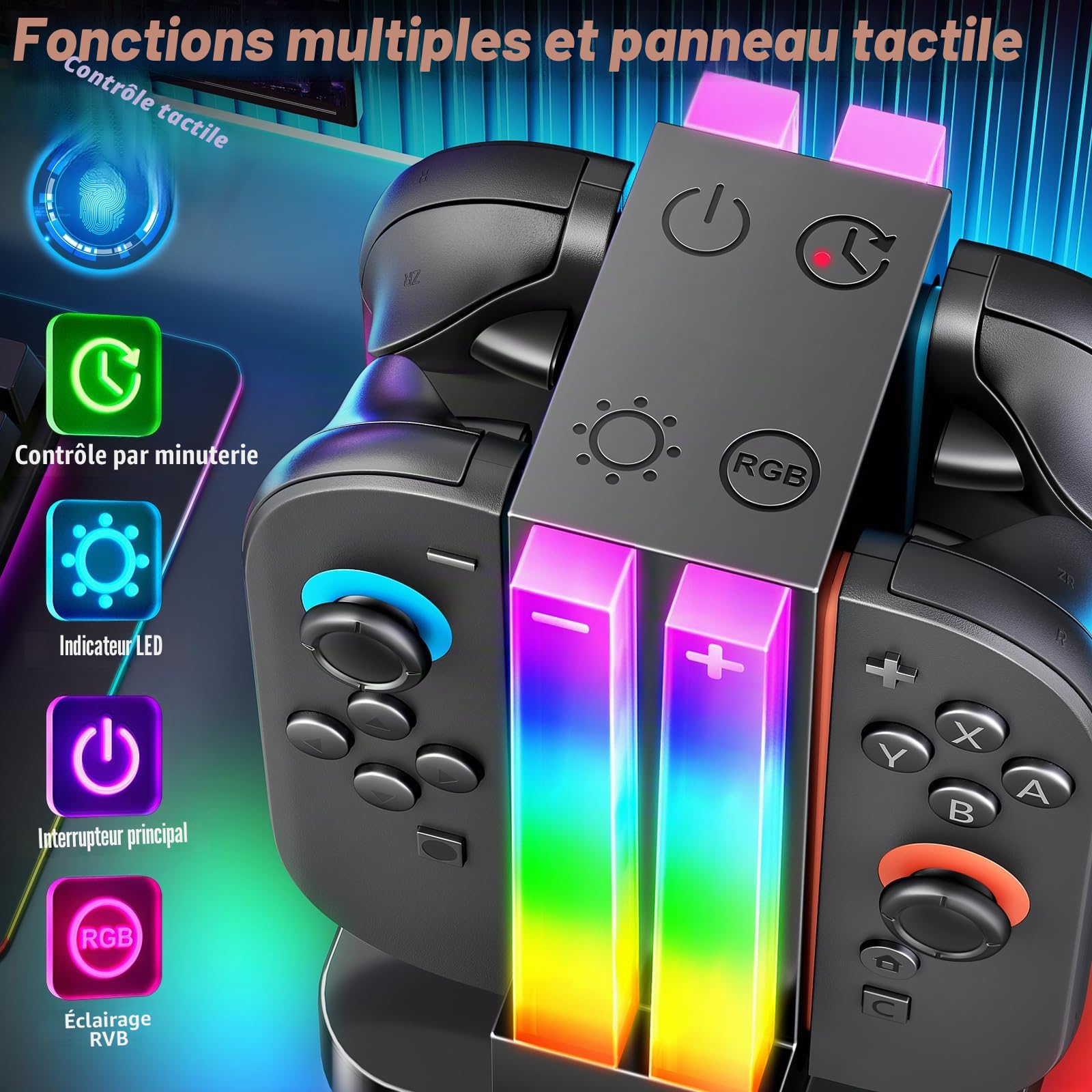 Station de Charge pour Manette Switch 2 Joy Cons, Station de Charge Compatible avec Manette Nintendo Switch 2 avec 6 Modes d'éclairage RVB et Fonction Minuterie et Contrôle de l'éclairage