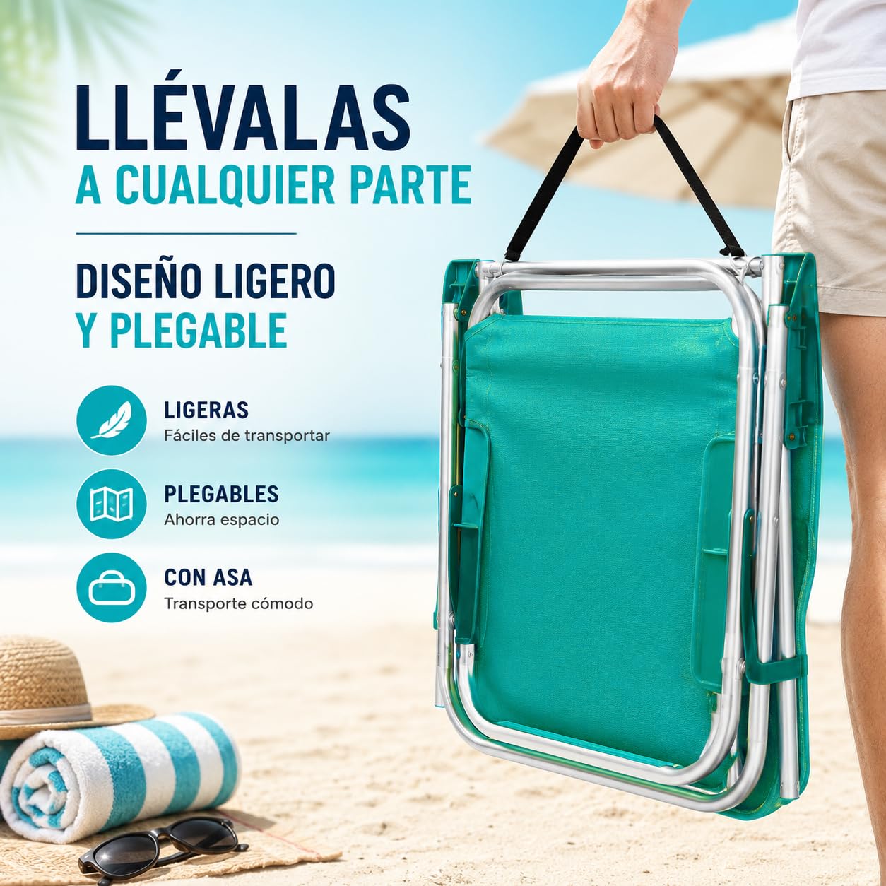 TIENDA EURASIA – Pack de 2 Sillas de Playa Plegables | Ligeras y Portátiles con Asa de Transporte | Estructura Metálica Resistente | 1 Posición Fija | Ideales para Playa y Exterior (Azul y Verde)