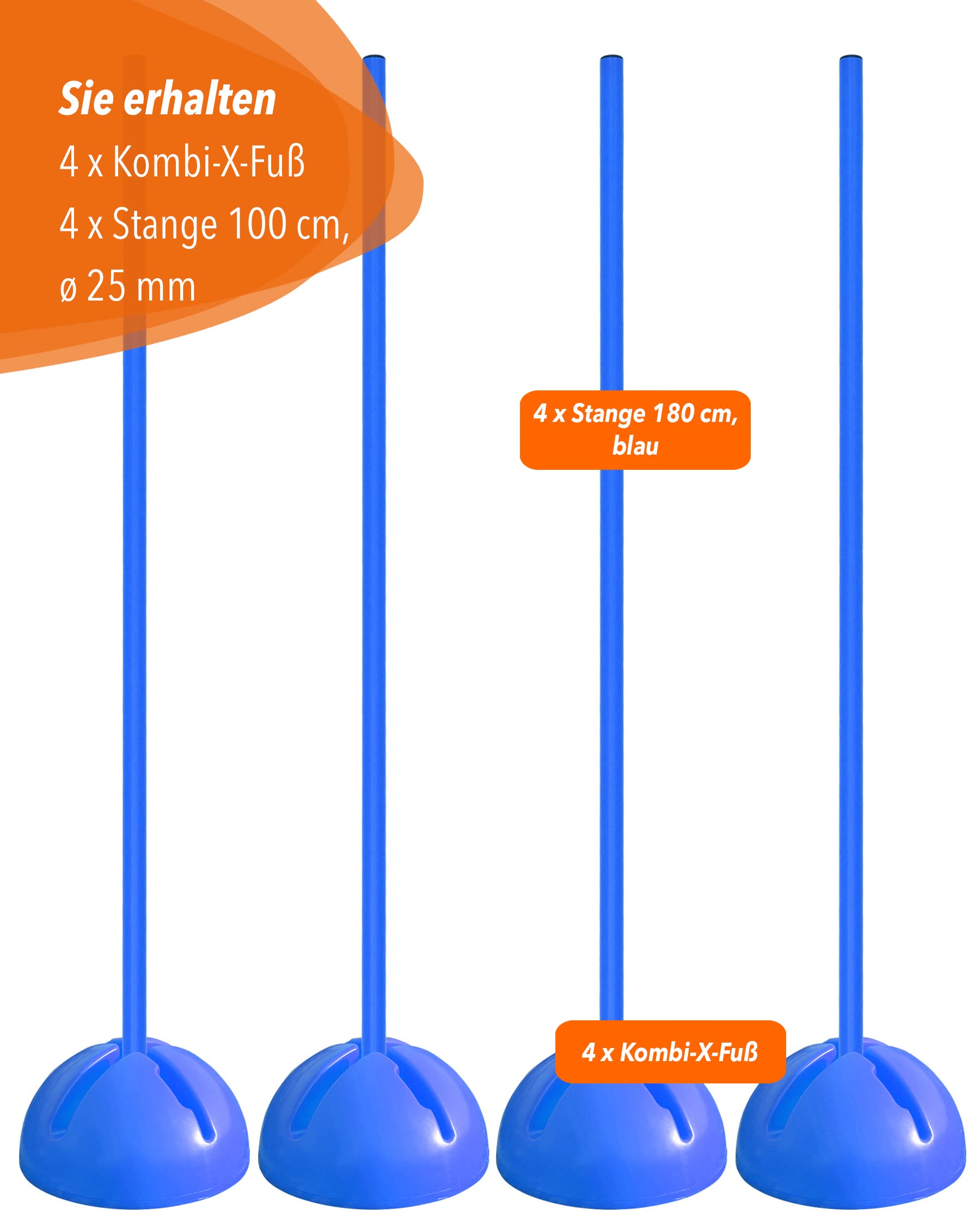 Kombi-X-Standfuß aus Kunststoff & Slalomstange 100 cm – 4er Set – befüllbarer Standfuß – Stange für Slalom & Koordinationstraining – für Fußball & Hundesport – Kreuzfuß