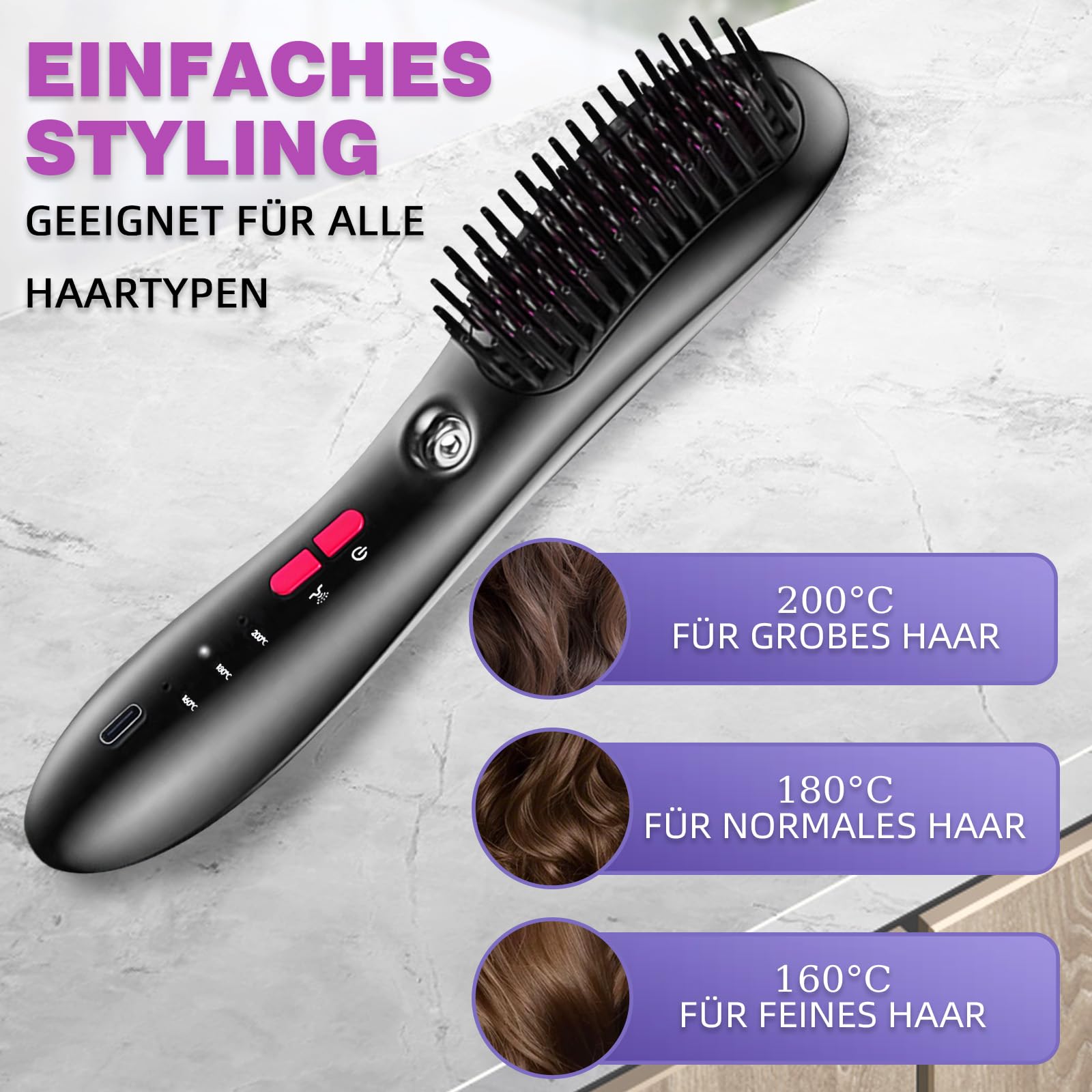 Glättbürste, Warmluftbürste für kurze Haare, Stylingbürste für kurze Haare | kabellos mit Pflegespray, gegen Haarknoten, glättet, 25s Keramikheizung, 3 Stufen, reisefreundlich, haarschonend.