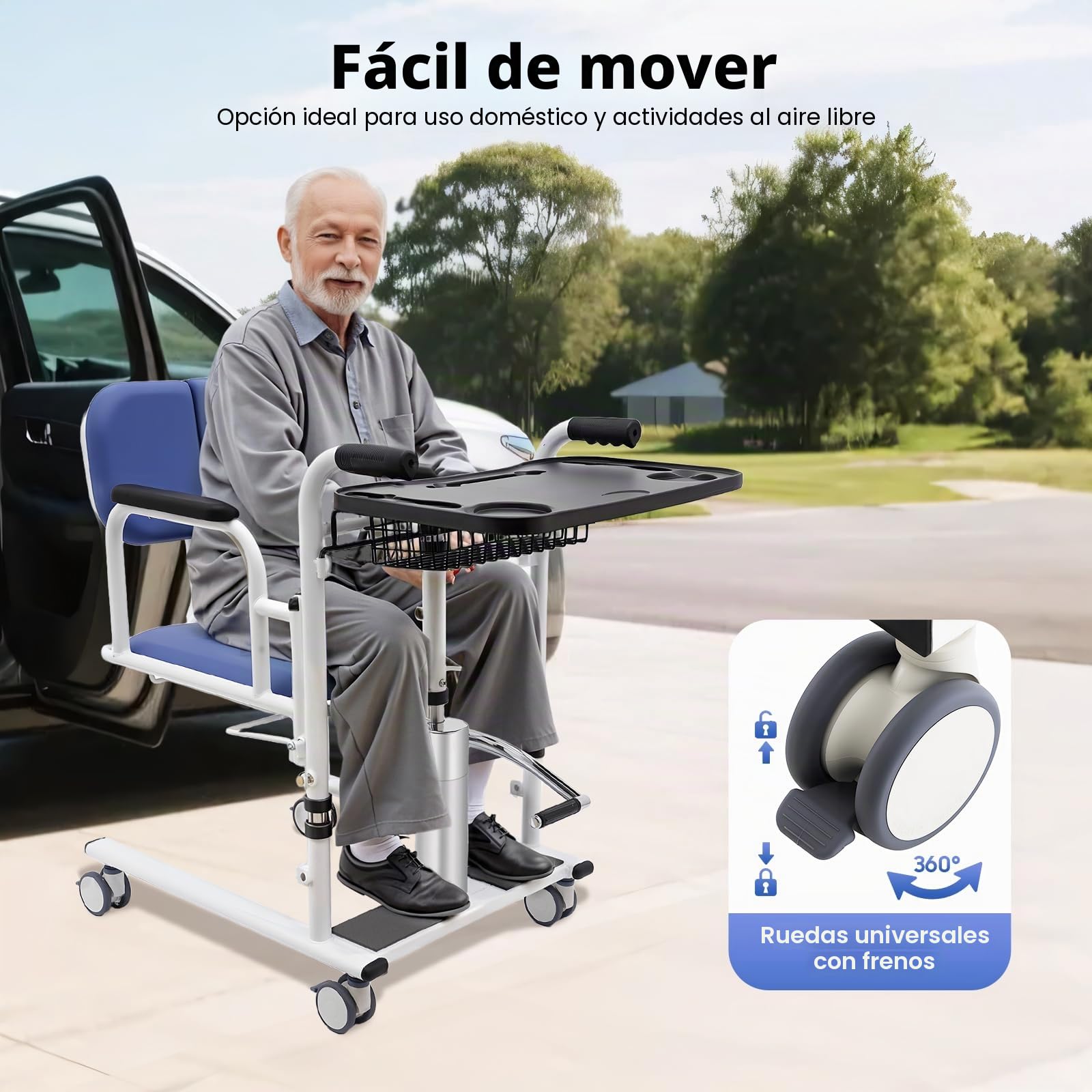 Elevador hidráulico para pacientes y silla de aseo con función de inodoro, ayuda de transferencia de altura ajustable (30-46 cm) para personas mayores, 150 kg, 4 ruedas con frenos, ideal para el hogar
