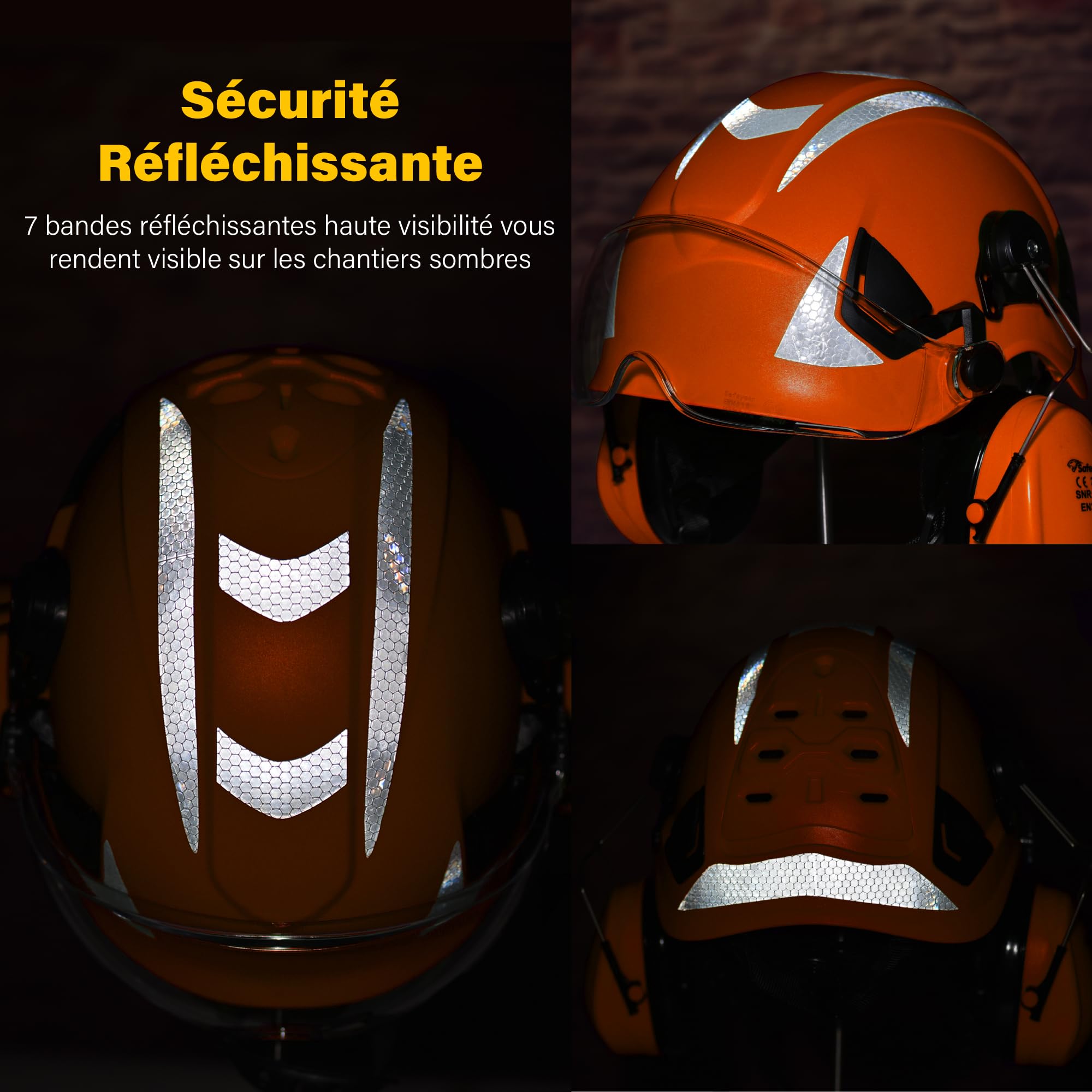 Safeyear Casque de Sécurité EN397 avec Visière et Cache-Oreilles, Casque Protection ABS avec Lunette UV, Casque de Chantier Réglable 53–64cm pour Industrie, logistique de Stockage, Forestier