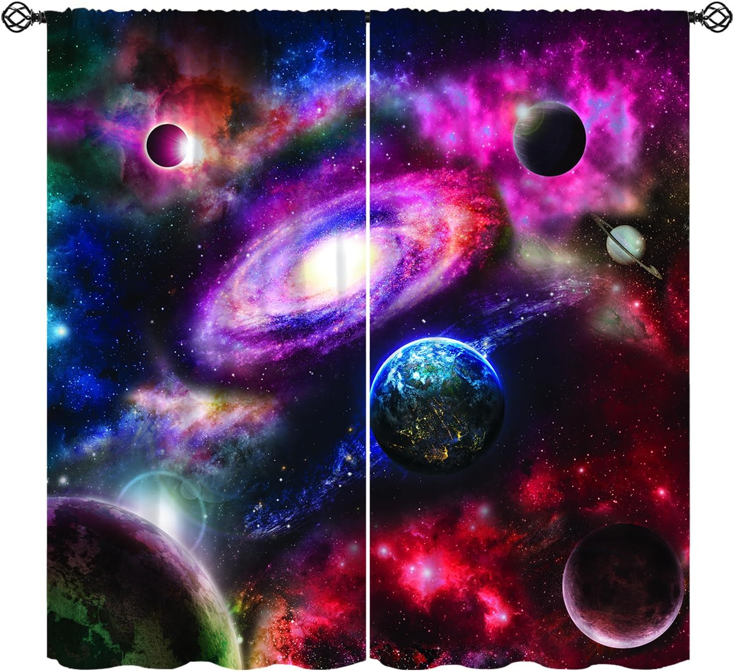 Blue Galaxy Curtains, Universe Star Planets Bright Cosmic Outer Space Blackout Rod Pocket Window Treatments Drapes for Teen Kids Bedroom Nursery Classroom 63" W X 63" L
