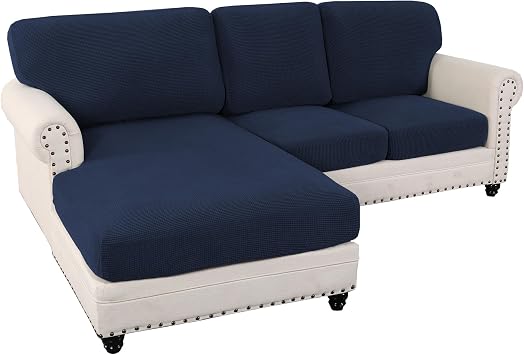 6-Piece Stretch Jacquard Sectional Sofa Cushion Cover Set Includes Seat & Backrest Cushion Covers, Universal Fit Stretchable Sofa Protector for Living Room Navy, 2 Seater+Chaise