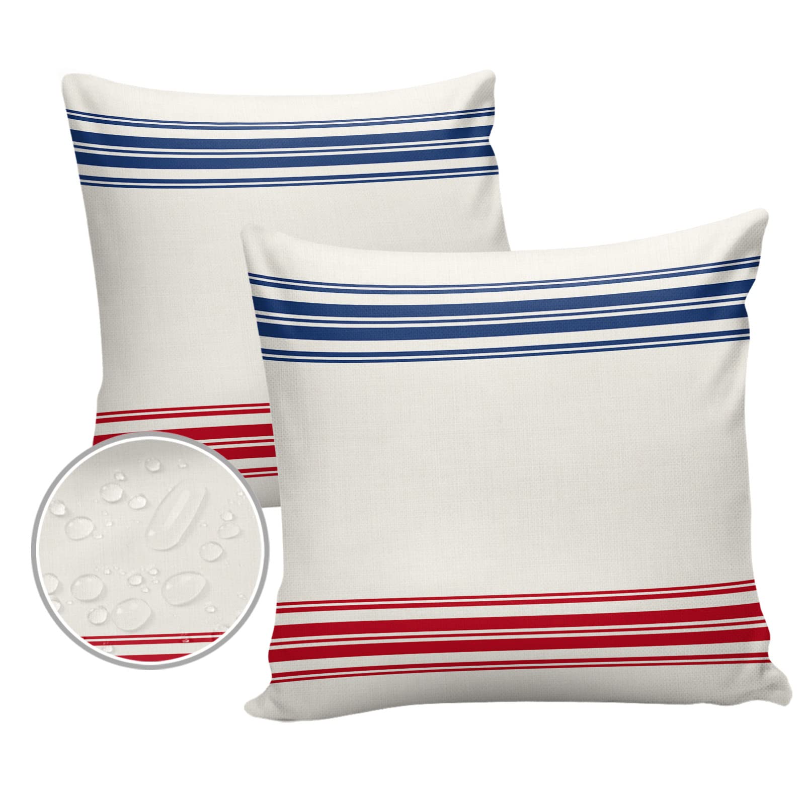 HELLOWINK Outdoor Pillows Waterproof Pillow Covers Set of 2 Red Blue Stripes Polyester Throw Pillow Covers Garden Cushion Case for Patio Funiture Sofa Decoration 16x16inch Happy 4 th of July