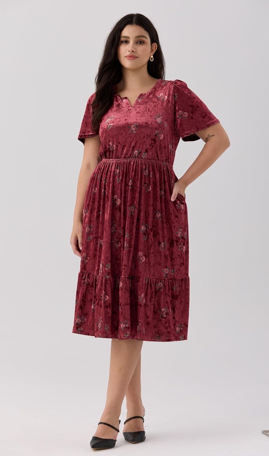 CARCOS Plus Size Velvet Dresses for Curvy Women Short Sleeve Cocktail Dresses Winter Party Formal Dress with Pocket XL-5XL - Image 3