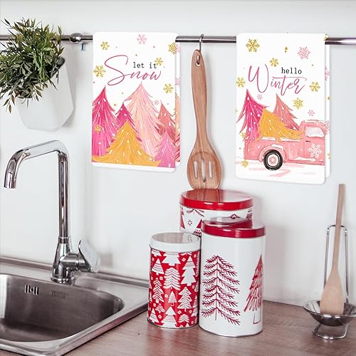 Miniatura 5 de AnyDesign - Toallas de cocina rosas de Navidad de 18 x 28 pulgadas, paño de cocina de árbol de Navidad rosa de invierno, secado a mano, toalla de té