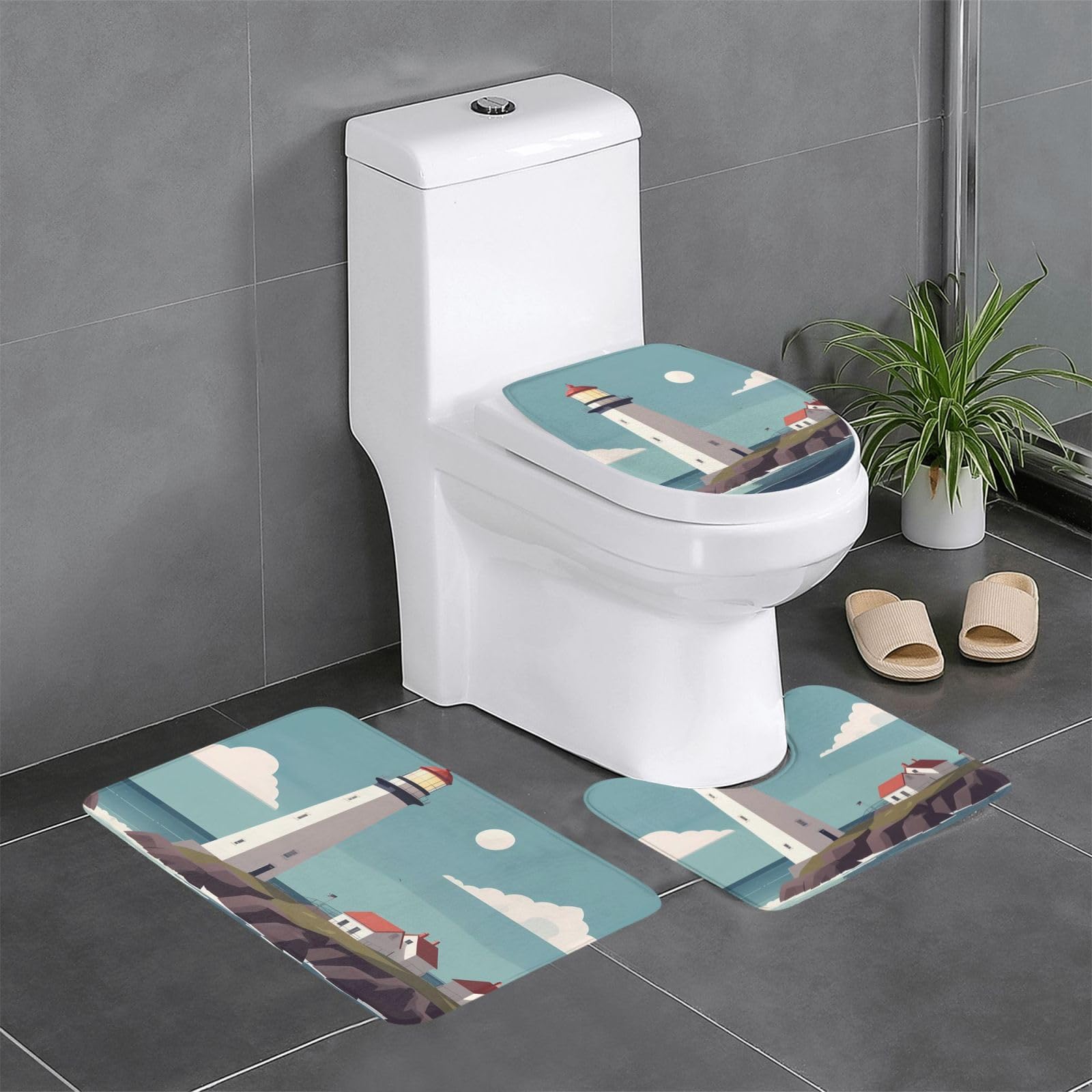 Tapis de salle de bain antidérapants absorbants motif phare pour toilette et WC