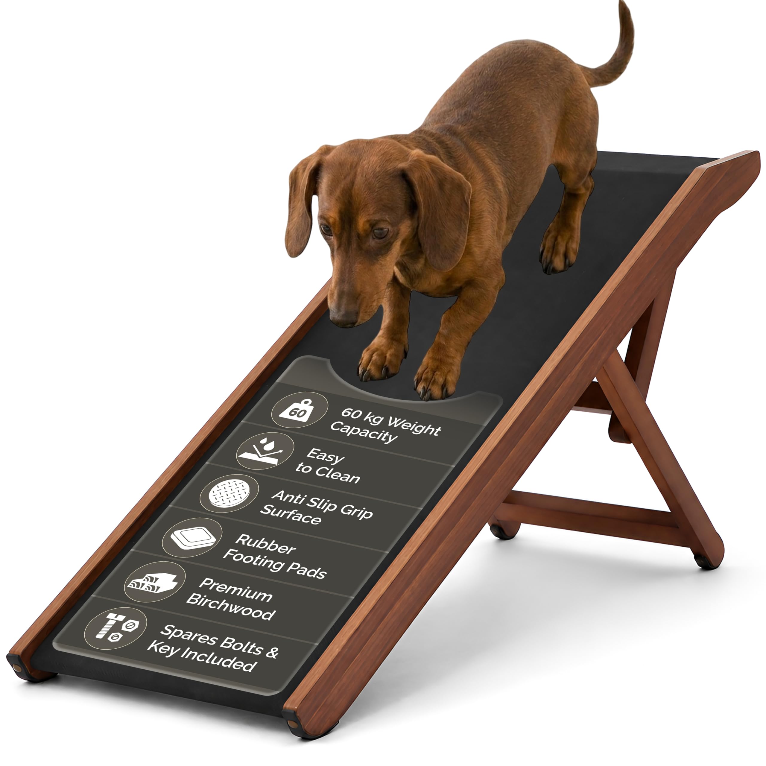 Paramount Essentials Dog Ramp | Adjustable Pet Ramp with Non-Slip Rubber Surface & Footing Pads | Secure & Portable with Arm Lock | Mobility Support for Dogs & Disabled Pets (Walnut)