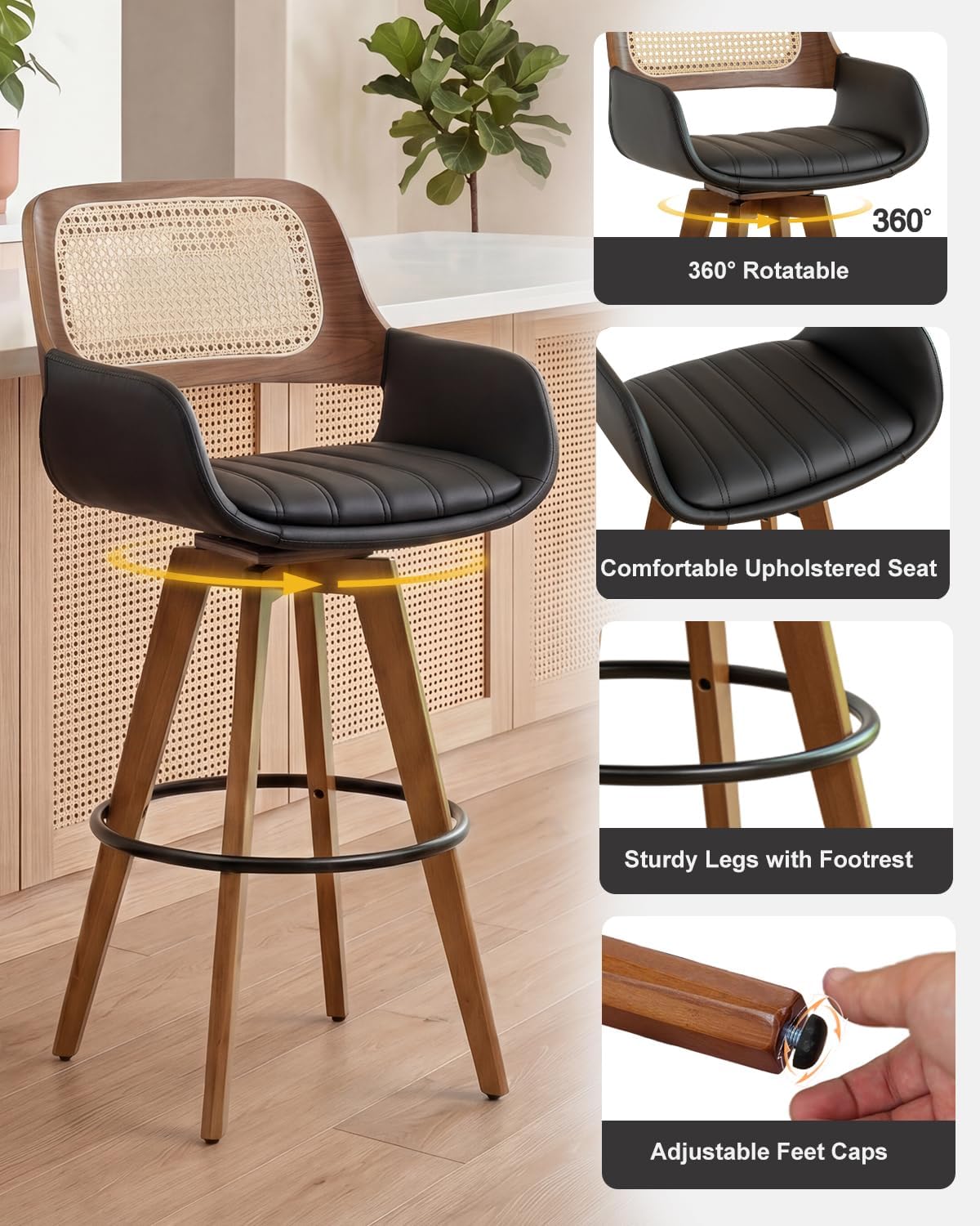 AQG 26 Inch Counter Height Bar Stools with Rattan Backs, Mid Century Modern Swivel Counter Stools Upholstered Leather Barstools for Kitchen Island Counter, Black