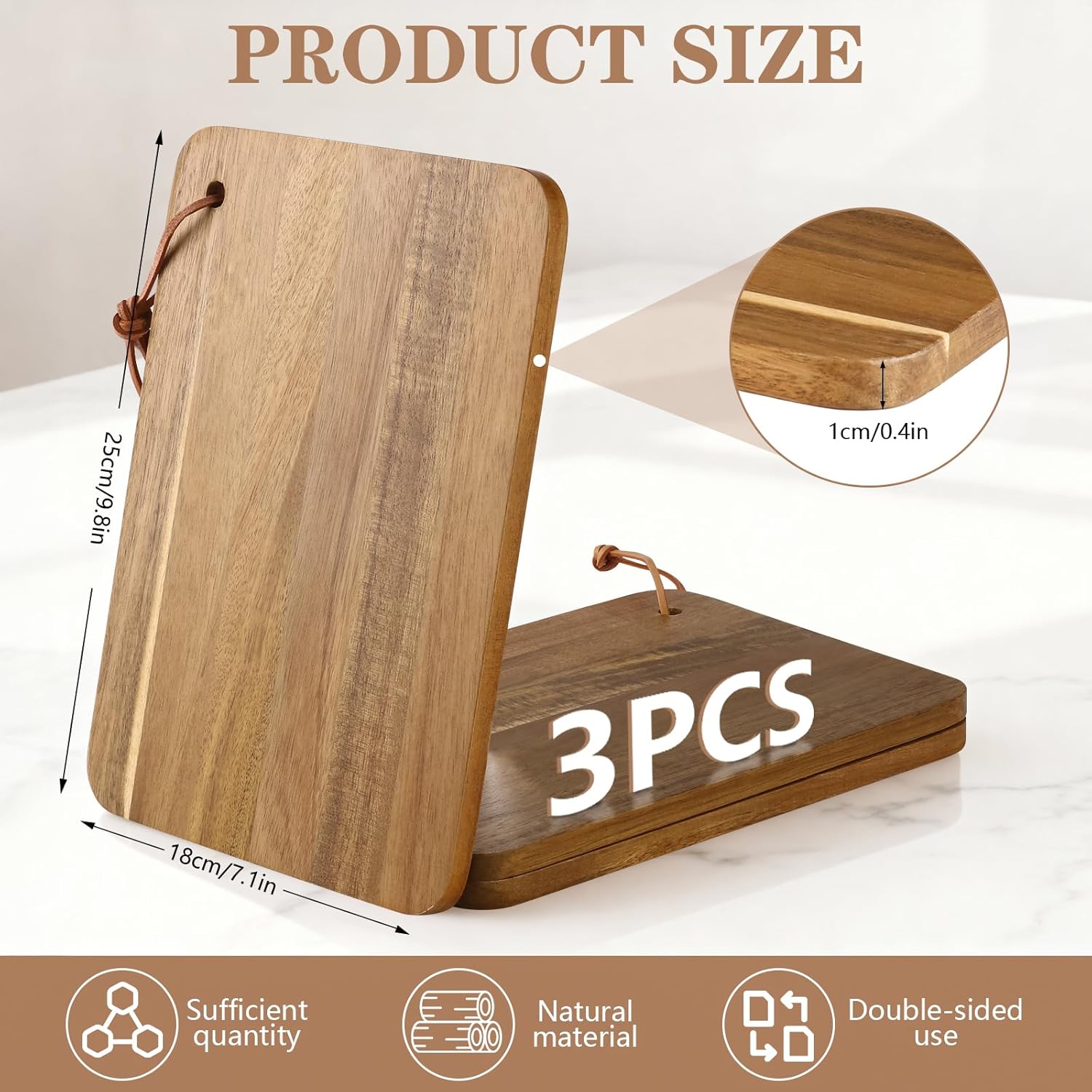 Acacia Wood Cutting Board Set of 3, Small Wooden Charcuterie Boards, 9.8x7.1x0.4 Inch Lightweight Chopping Boards with Hanging Rope for Kitchen Camping, Serving Boards for Fruit Cheese Sandwich Lemon