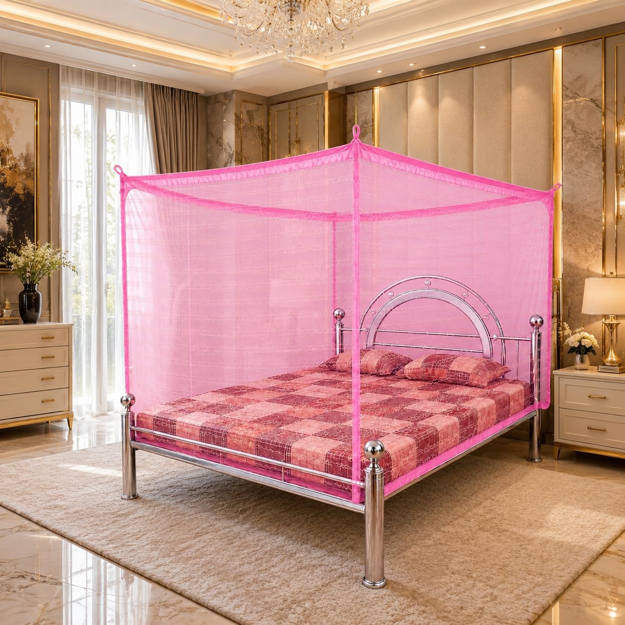 Pink Mosquito Net for Single Bed, 4x6 Feet | Square Canopy Style, Fine Mesh Net-picture-34