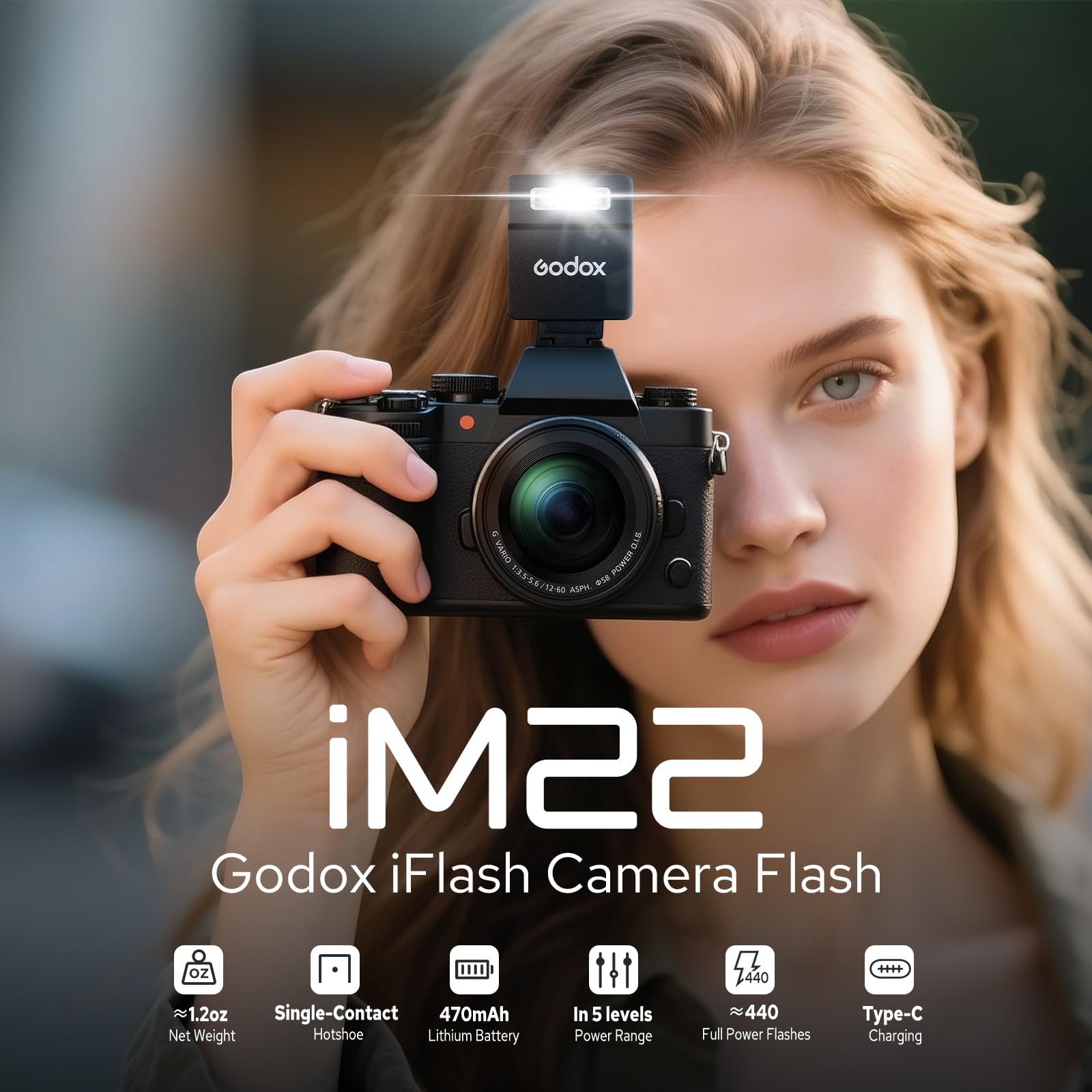 Godox iM20 Mini flash pour Canon, Sony, Fuji, Nikon, 6000 K ± 200 K, avec contrôle optique S1/S2,3s, temps de charge environ Batterie au lithium, mini flash portable léger (Godox iM22)