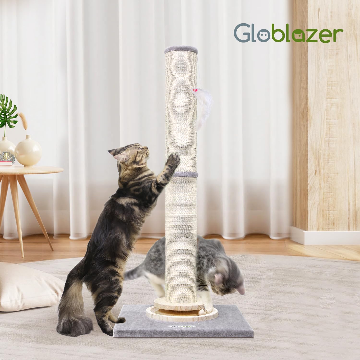 Globlazer Kratzstamm XXL, Kratzsäule Groß Stabil hoch 90 cm & 50 cm 2 IN 1 Einstellbar mit Große Basis Dicker Stamm Sisal Plüschball Holz Trackingball, Kratzsäulen für Große Katzen (SC35, Hellgrau)