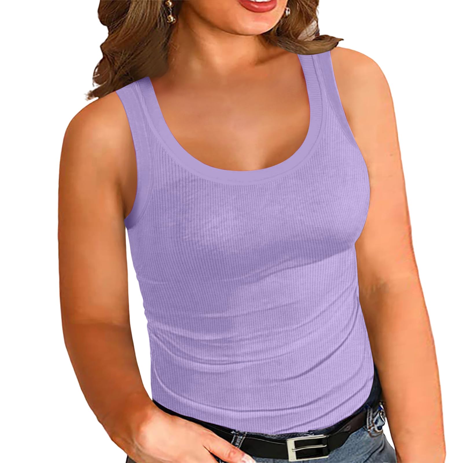 Women's Plus Size Tank Tops Summer Sleeveless Scoop Neck Cami Top Shirt Ribbed Knit Basic Casual Racerback Blouse