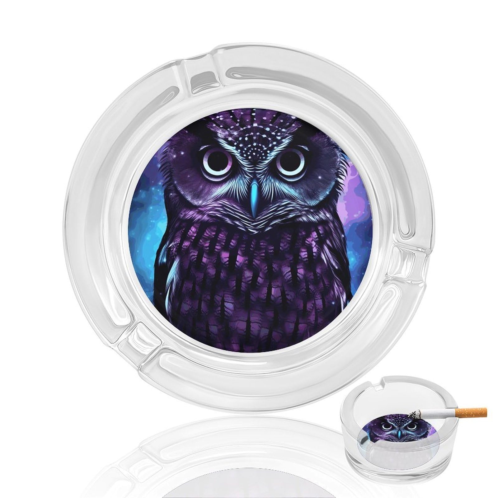 Motif hibou violet artistique pour ce cendrier d'extérieur en verre lourd