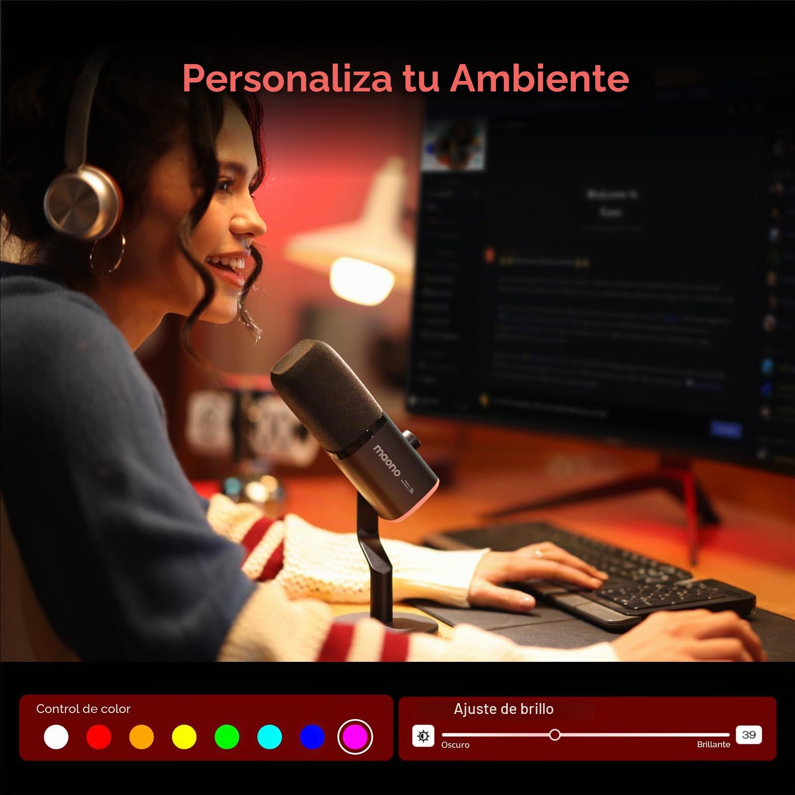 MAONO PD100W Micrófono dinámico USB inalámbrico, micrófono para PC para juegos con reducción de ruido con un solo clic, botón de silencio, RGB personalizado, conector de auriculares de 3.5 mm