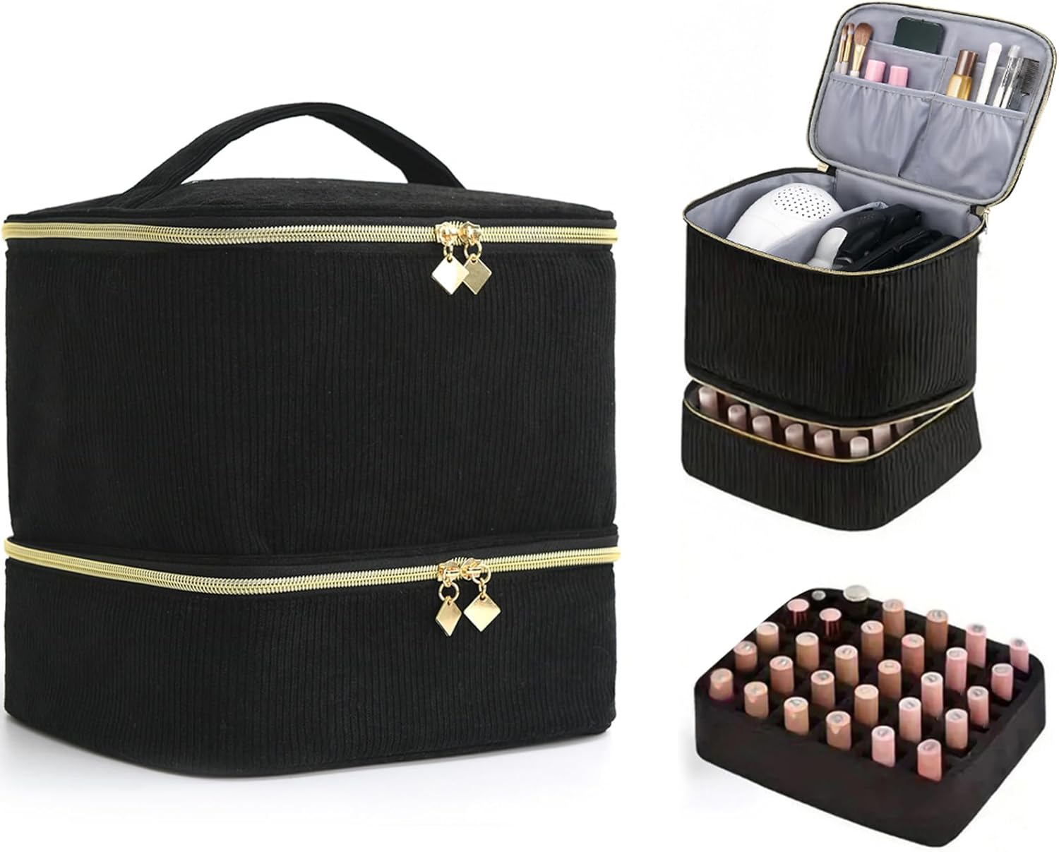 Nail Polish Organizer Bag Nail Kit Organizer Holds 30 Bottles and 1 Nail Lamp Double-layer Nail Polish Carrying Case Nail Art Tote Bag Black