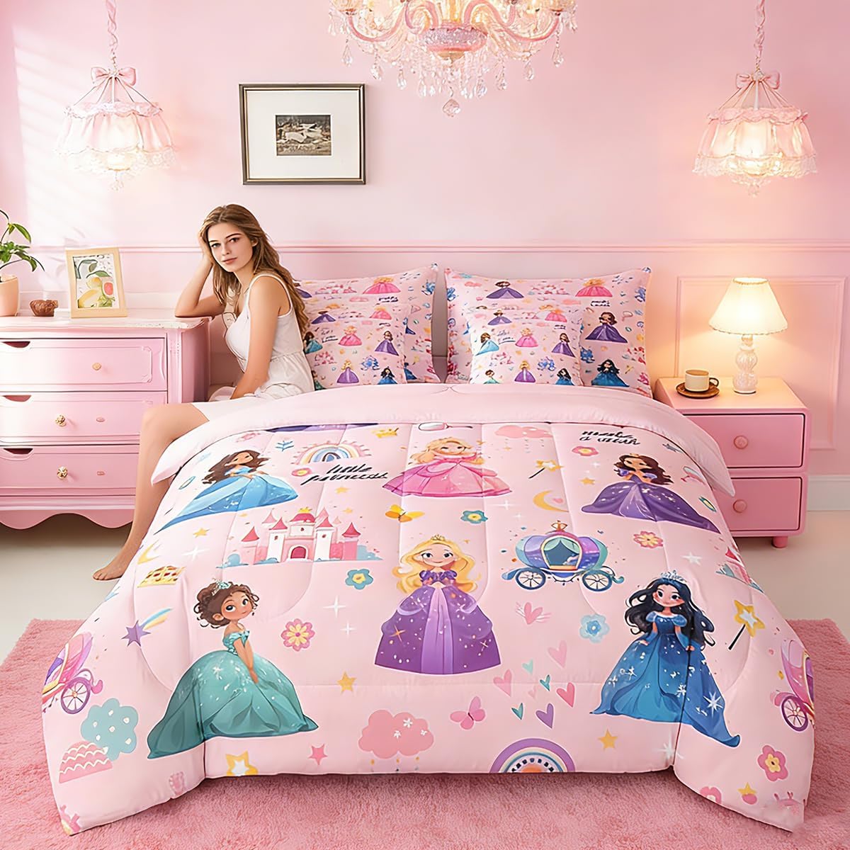 jejeloiu Kids 7 Piece Princess Bedding Set Queen Size Pink Castle Bed Set Includes Comforter, Sheet Set, Pillowcases & Pillow Covers Bedroom Decor Fairy Dreamy Bed in a Bag Breathable Soft