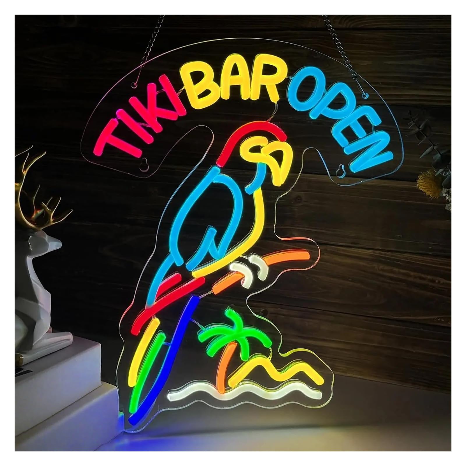 Hanging Art Neon Signs Tiki Bar Open Neon Sign USB Parrot Palm Tree LED Light Dimmable For Cocktail Party Pub Bistro Restaurant Beer Decoration 38cmx30cm