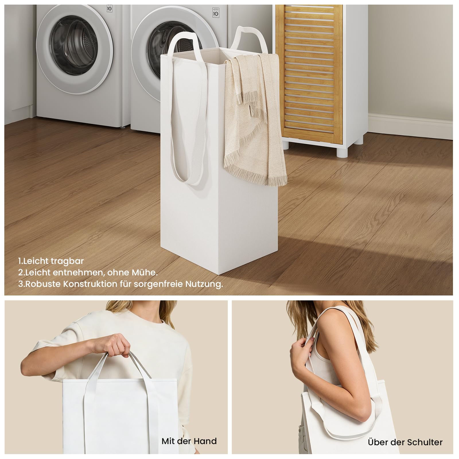 Badezimmerschrank hoch mit Wäschekorb, Badschrank hochschrank mit verstellbaren Ablagen, offene Fächer, Badezimmer hochschrank für Badezimmer/Waschküche, Modern, Weiß, 30 x 30 x 170 cm